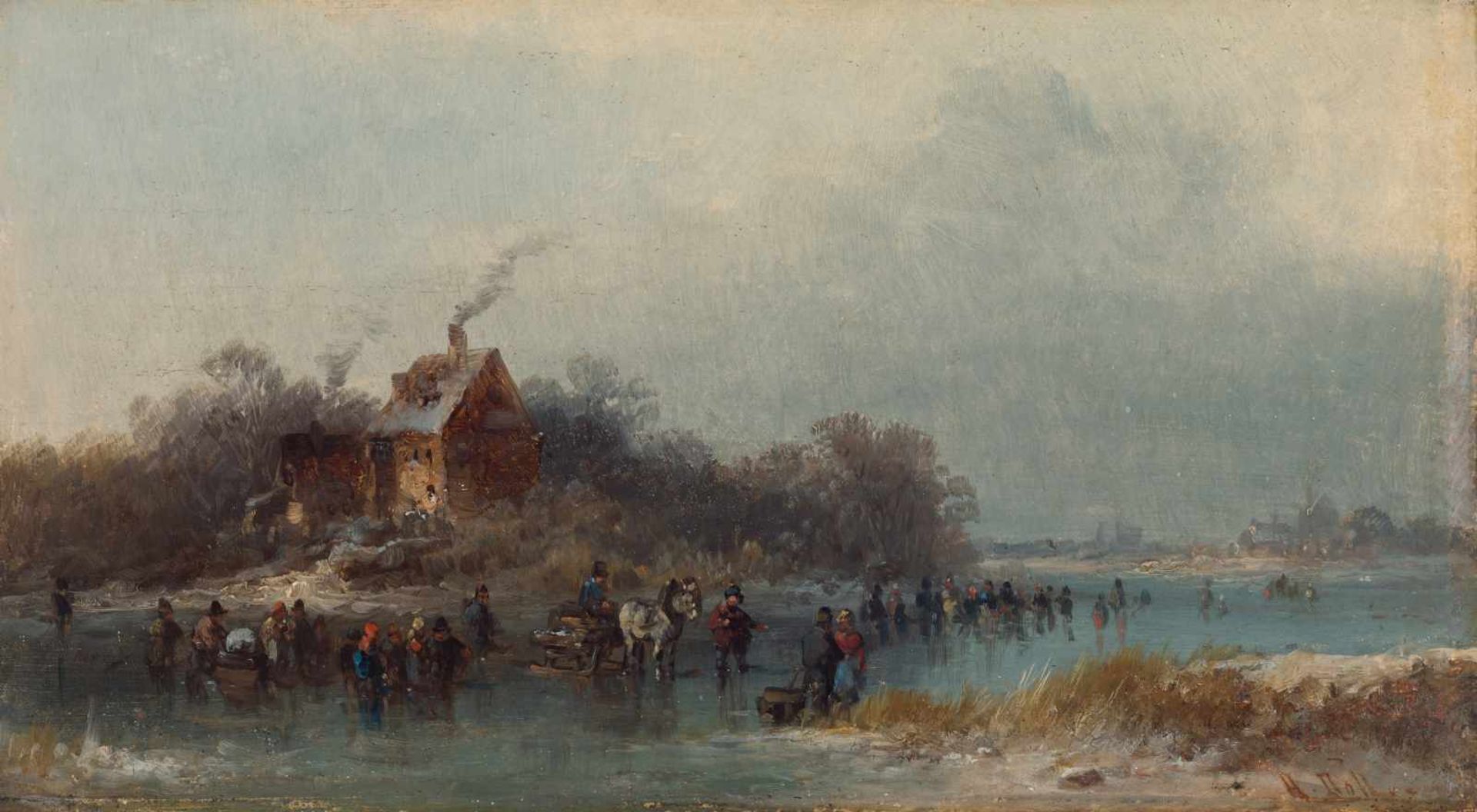 ANTON DOLL (1826-1877), OIL ON PANEL ‘FROZEN RIVER’Anton Doll (1826-1877)Oil on panelGermanymid-19th