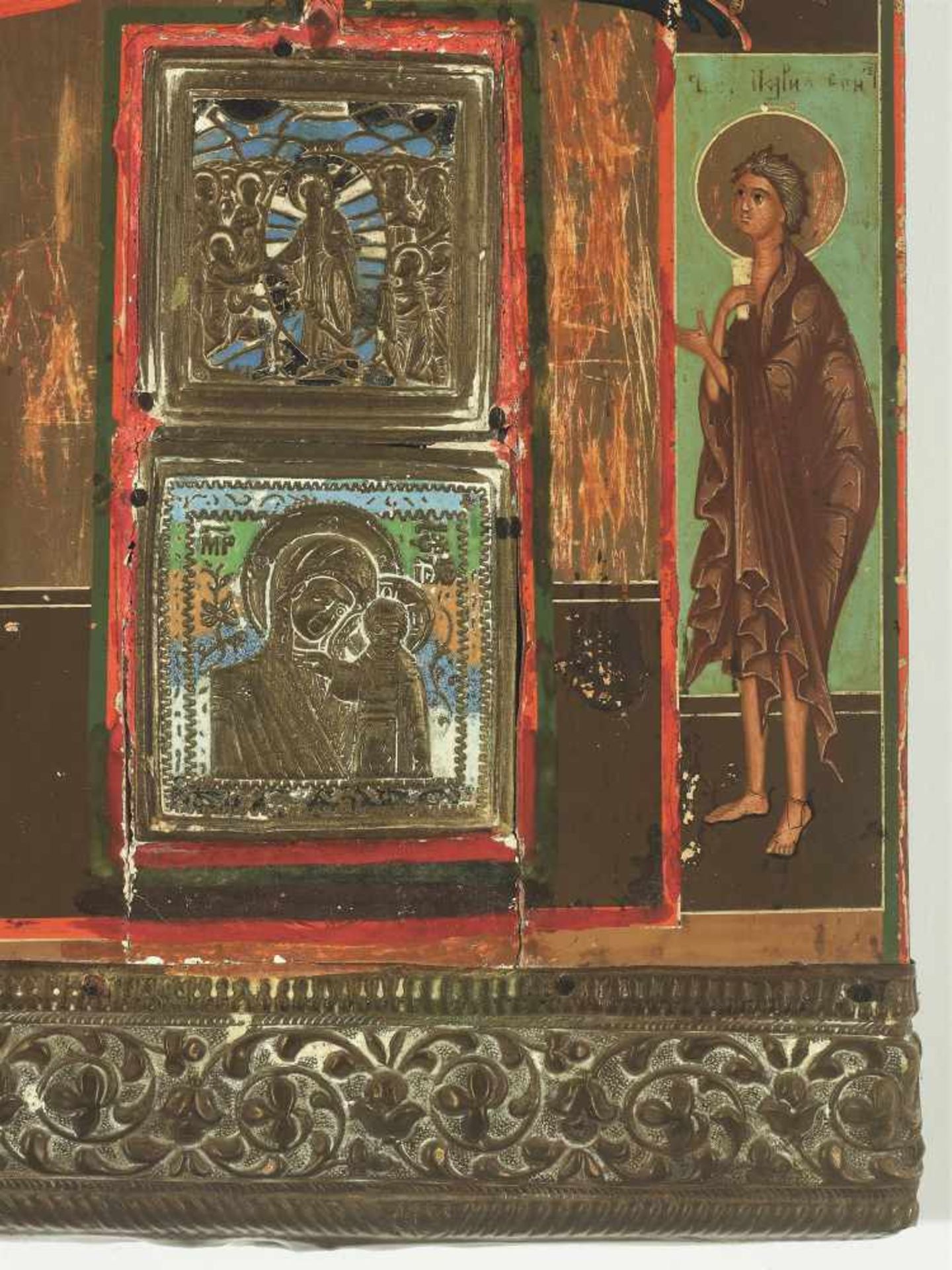 RARE RUSSIAN ICON WITH BRASS AND ENAMEL INLAYS AND OKLAD, 19th CENTURYWood, polychrome egg tempera - Image 3 of 4