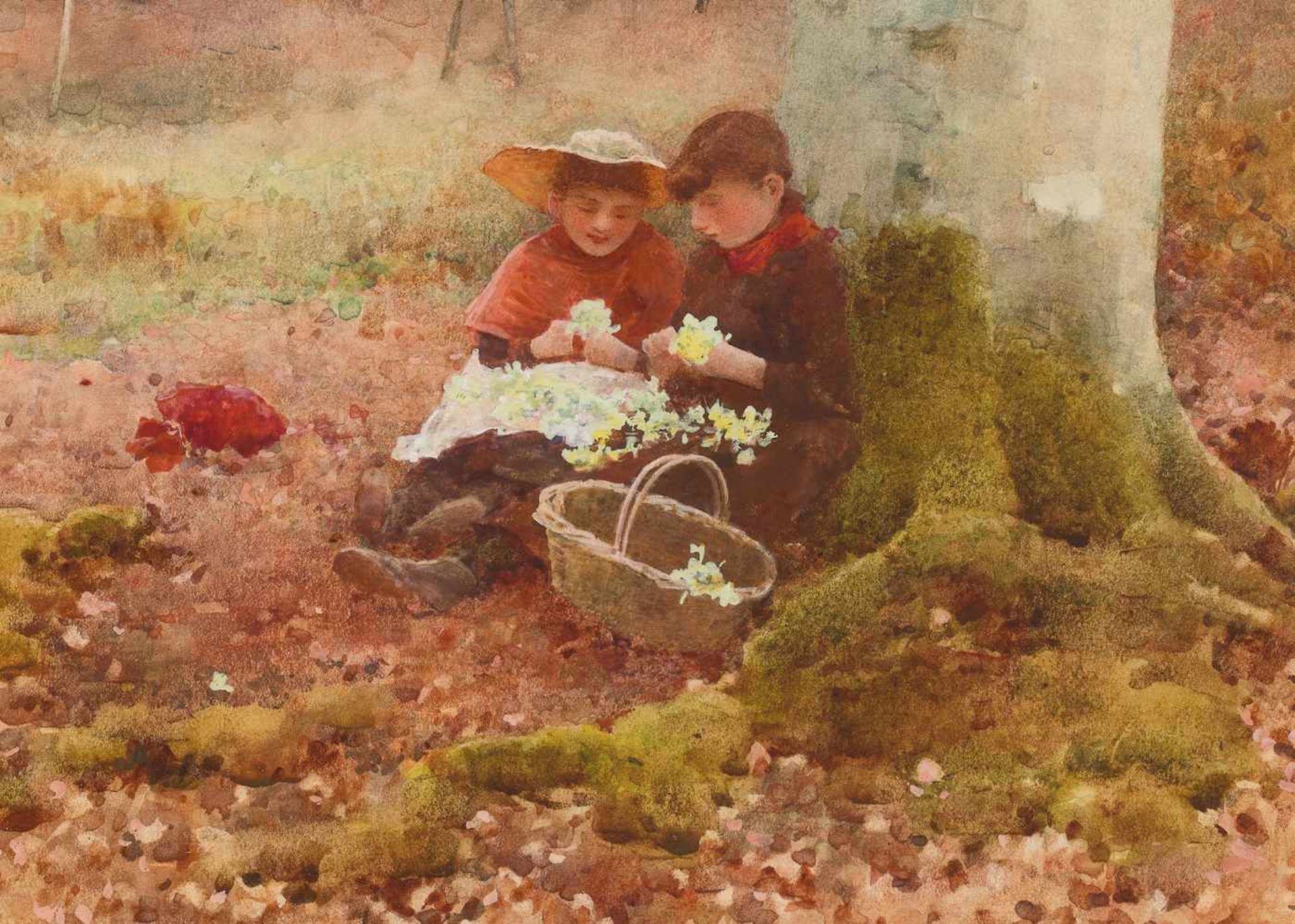 BENJAMIN D. SIGMUND (active 1880-1904), WATERCOLOR ‘PRIMROSE GATHERERS’Benjamin D. Sigmund (active - Image 5 of 6