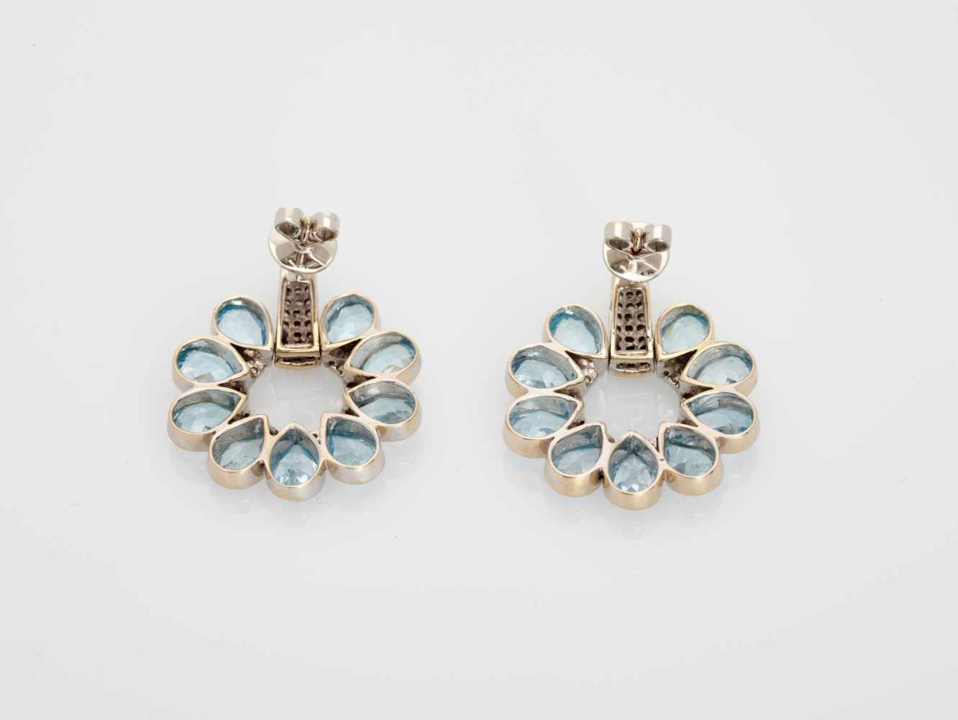 A PAIR OF 18 CARAT GOLD AND DIAMOND EARRINGS WITH AQUAMARINE DROPSincised at the sides with the - Image 2 of 6