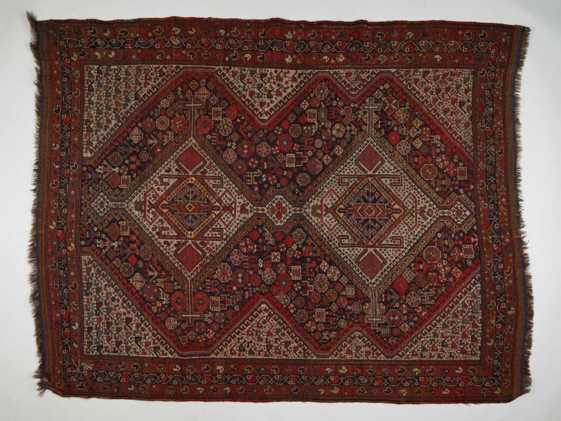 A 19th CENTURY KHAMSEH RUG WITH ANIMALS AND HUMAN FIGURESWool, dyed with natural colorsPersialate - Image 2 of 4