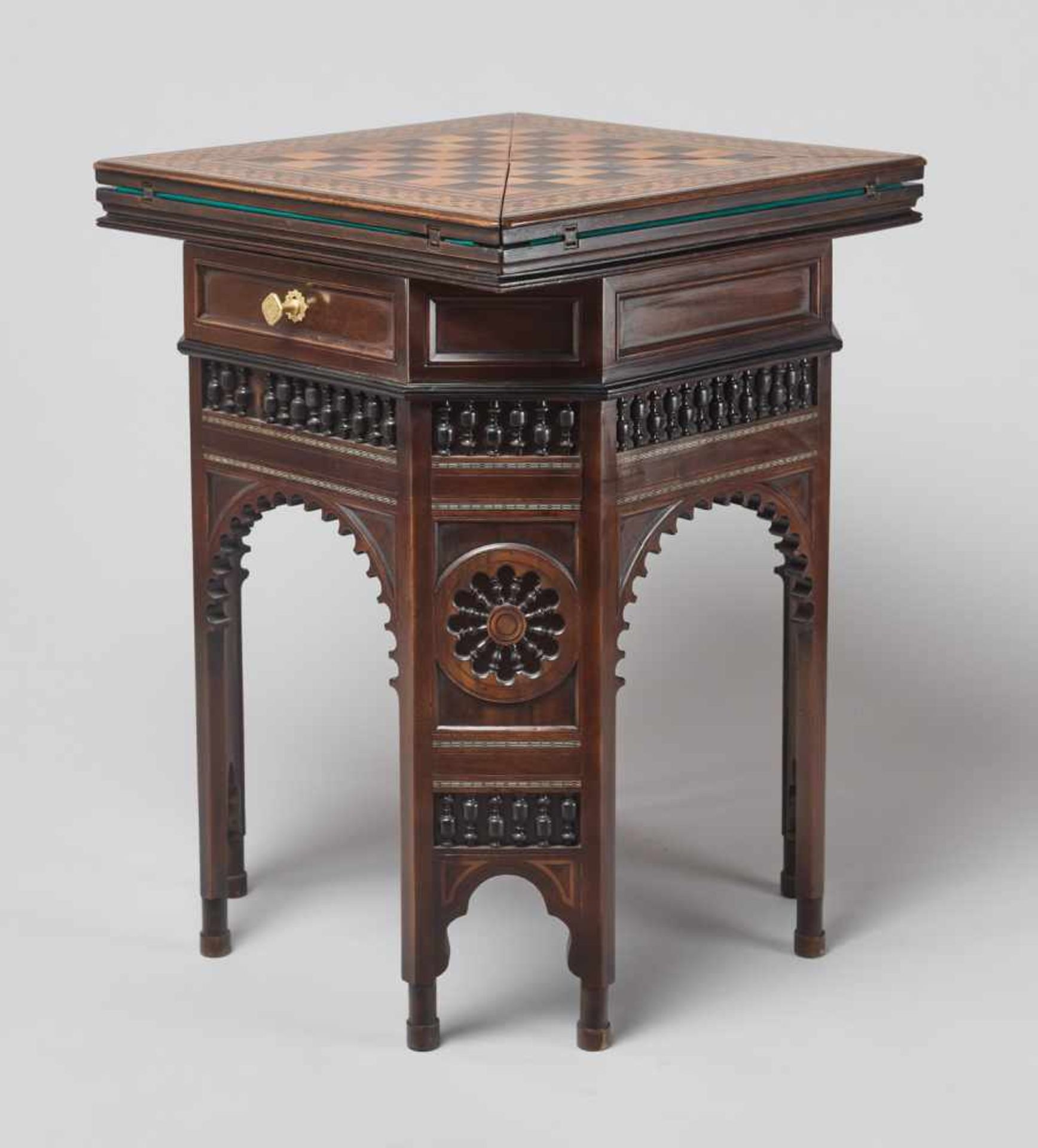 A VERY RARE CARD AND CHESS GAMES TABLE IN ORIENTAL STYLE, VIENNA 1880sWood with marquetry work, - Image 10 of 18