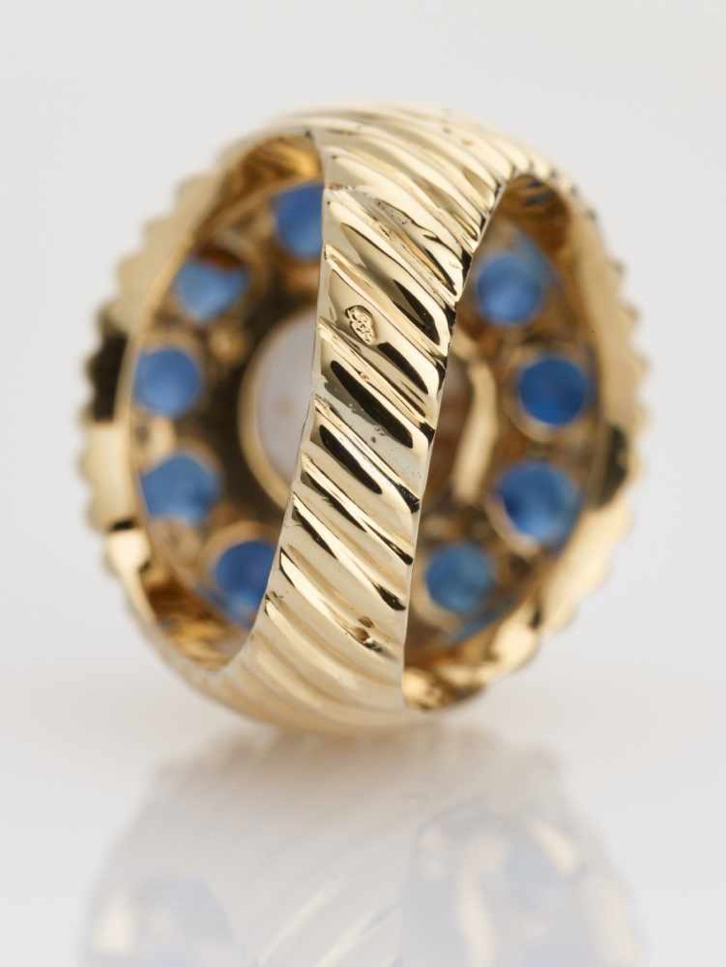 A SAPPHIRE, DIAMOND AND MOONSTONE YELLOW GOLD COCKTAIL RING BY PALTSCHOAustriaErwin Paltscho, - Image 5 of 7