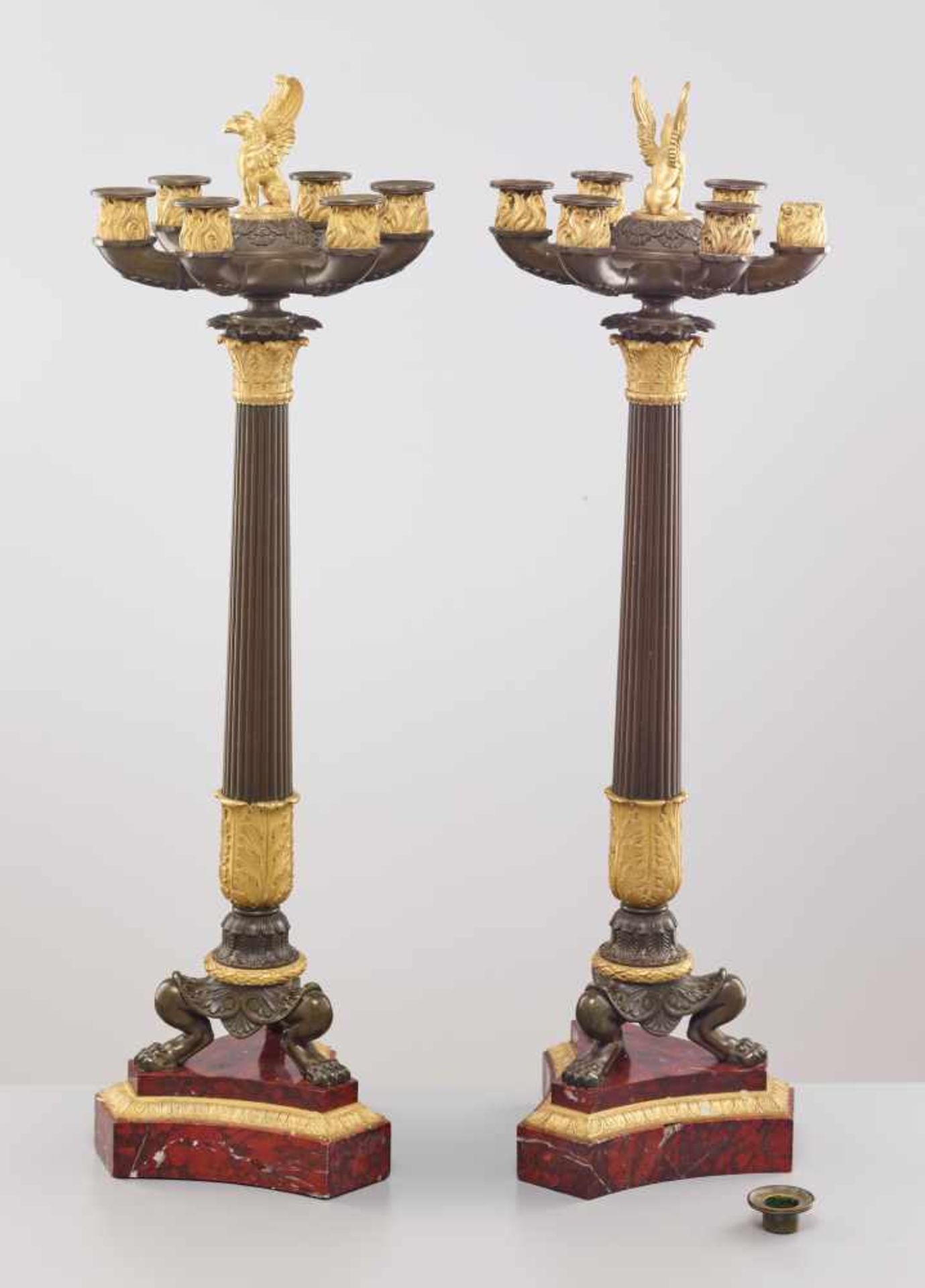 A LARGE PAIR OF CHARLES X BRONZE AND ORMOLU SIX-LIGHT CANDELABRA, 1820sPatinated and fire gilt - Image 8 of 8