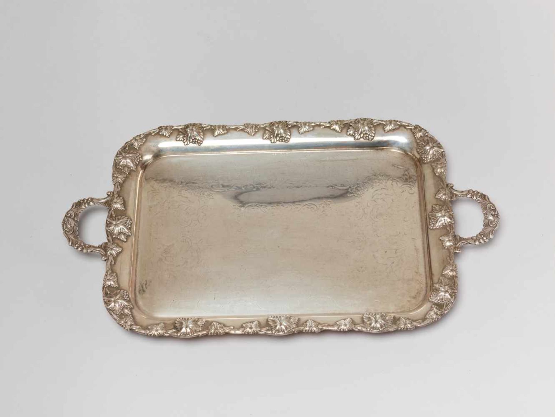 LARGE SILVER PLATE SERVING TRAY WITH WINE GRAPES DECORATION, 1900sSilver plate - Image 5 of 8