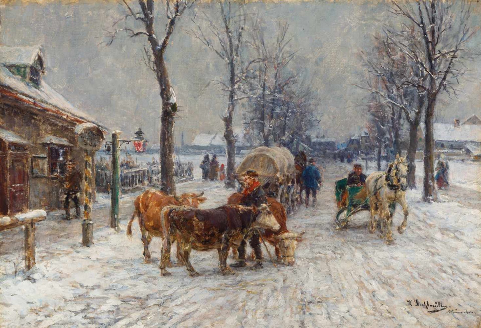 KARL STUHLMÜLLER (1859-1930),OIL ON CANVAS ‘WINTER MARKET DAY’Karl Stuhlmüller (1859-1930), Munich