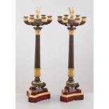 A LARGE PAIR OF CHARLES X BRONZE AND ORMOLU SIX-LIGHT CANDELABRA, 1820sPatinated and fire gilt