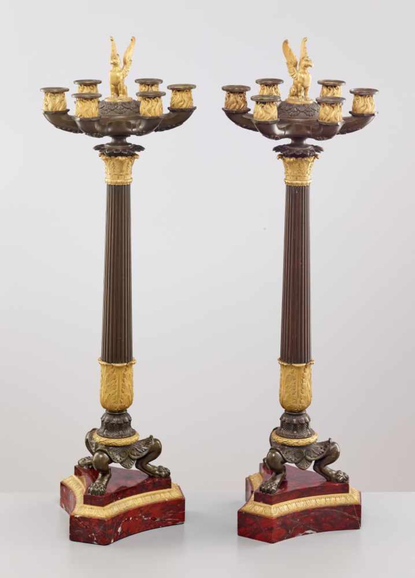 A LARGE PAIR OF CHARLES X BRONZE AND ORMOLU SIX-LIGHT CANDELABRA, 1820sPatinated and fire gilt