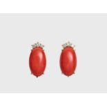 A PAIR OF 18 CARAT GOLD AND CORAL CABOCHON EAR CLIPSItalyafter 1950Two hallmarks, one reading ‘
