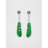 A PAIR OF APPLE GREEN JADE AND DIAMOND PENDANT EARRINGSpossibly Frenchafter 1930, marked ‘750’Each