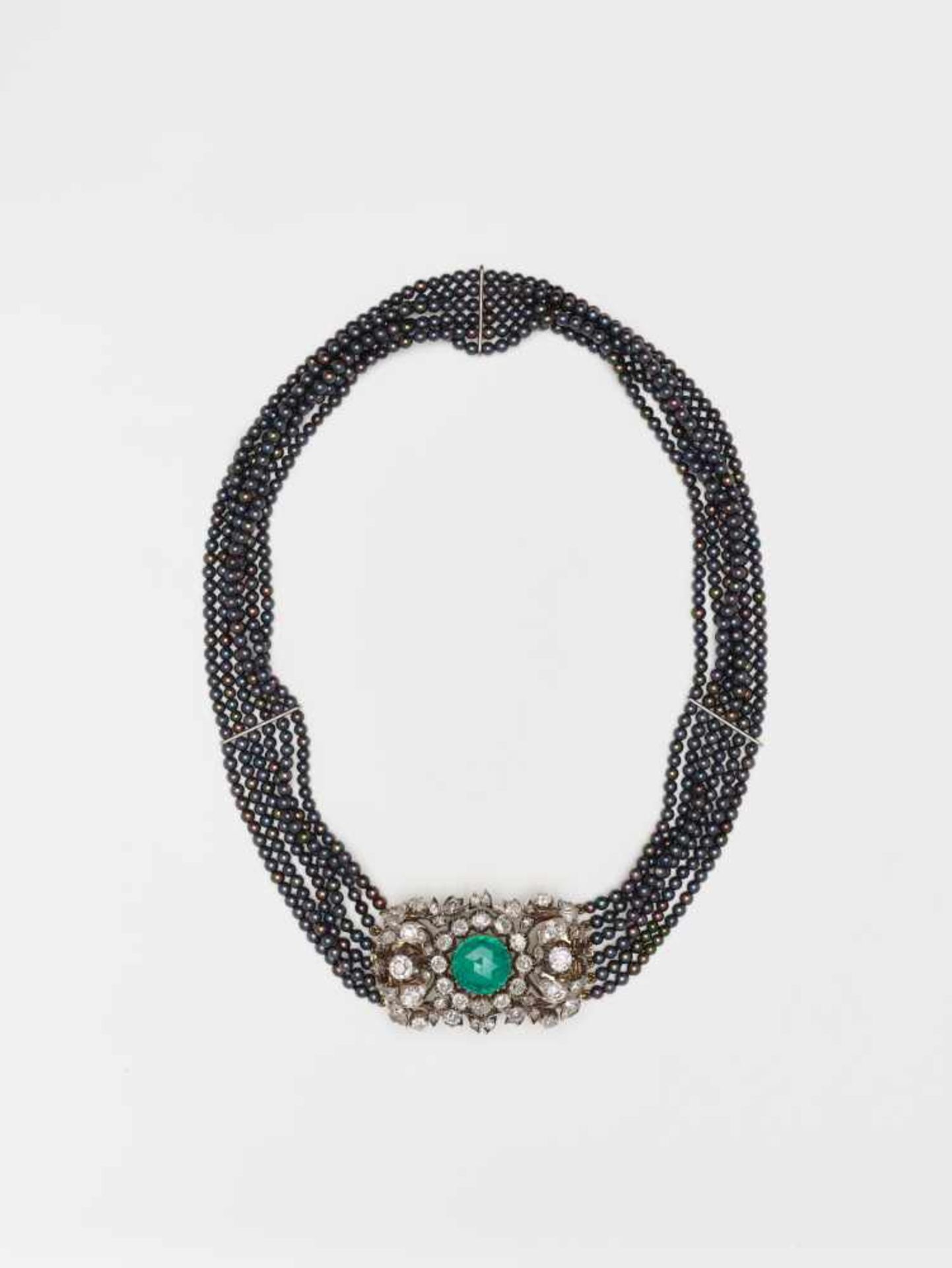 A 10 CARAT EMERALD & DIAMOND BROOCH ON A NECKLACE OF 800 BLACK PEARLSAustriathe brooch ca. 1850, the