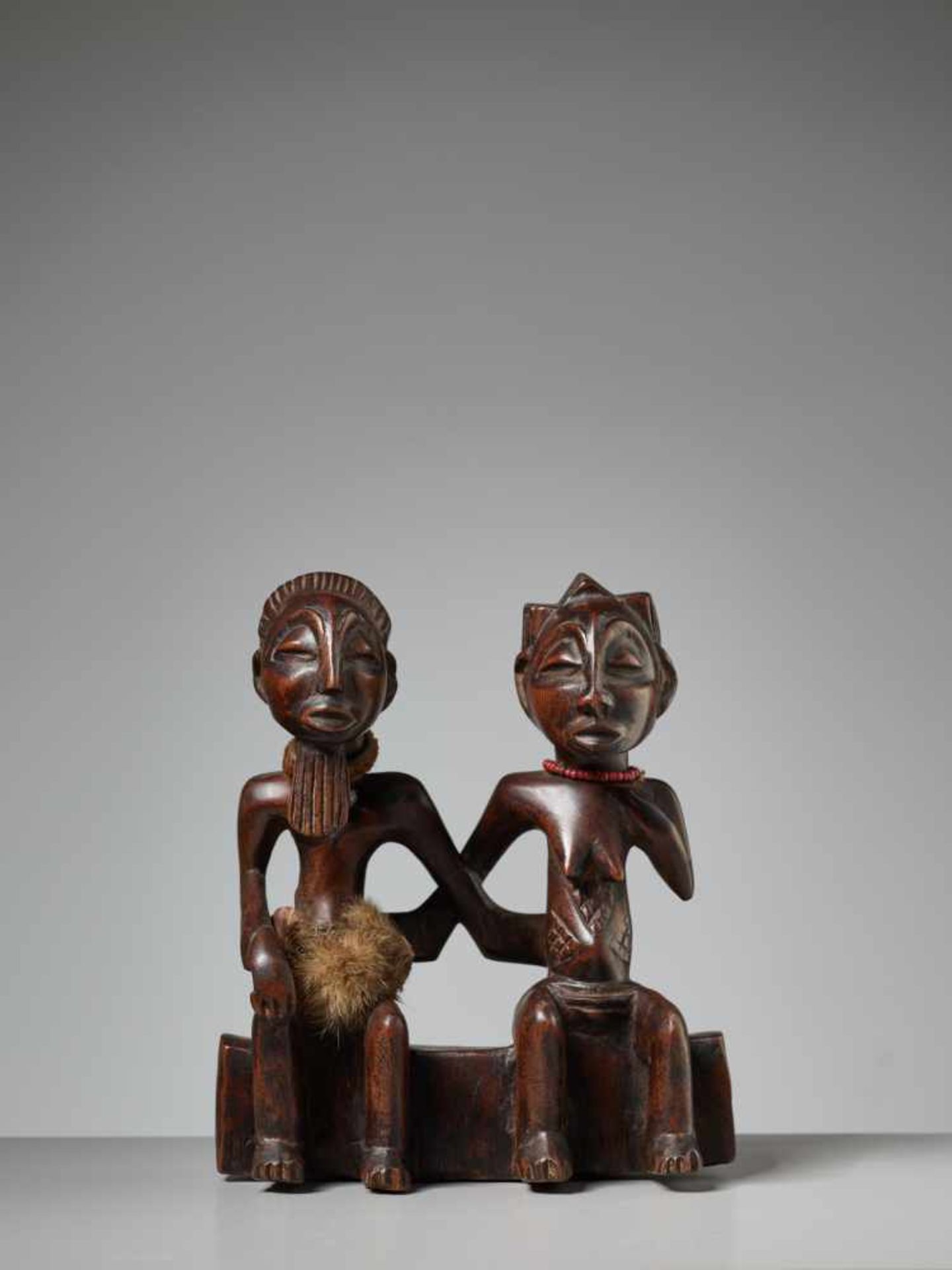 A PAIR OF ANCESTRAL FIGURES, NIGERIA, YORUBA PEOPLEWood, fur, and glass beadsNigeria, Yoruba - Image 2 of 6