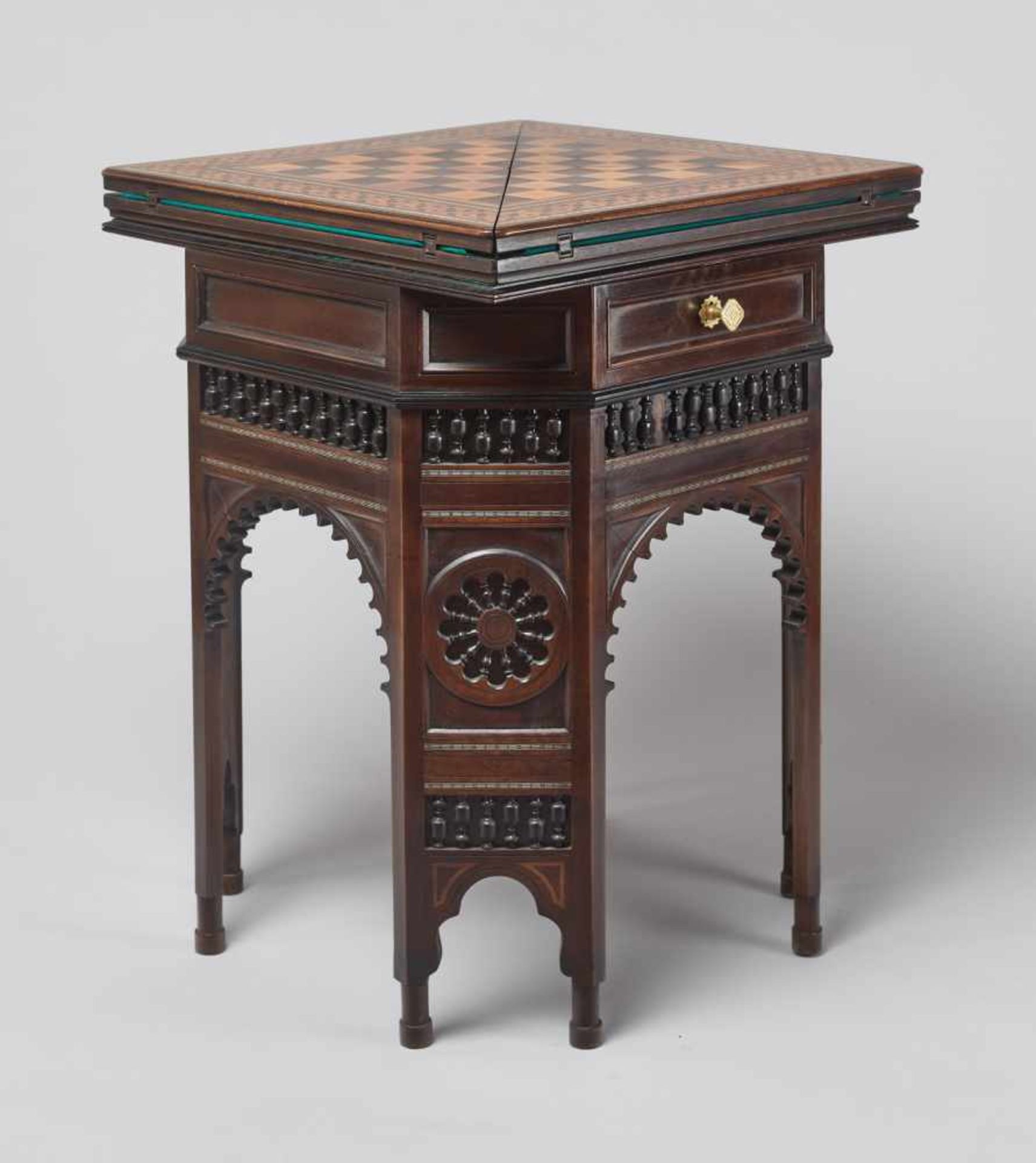 A VERY RARE CARD AND CHESS GAMES TABLE IN ORIENTAL STYLE, VIENNA 1880sWood with marquetry work, - Image 9 of 18