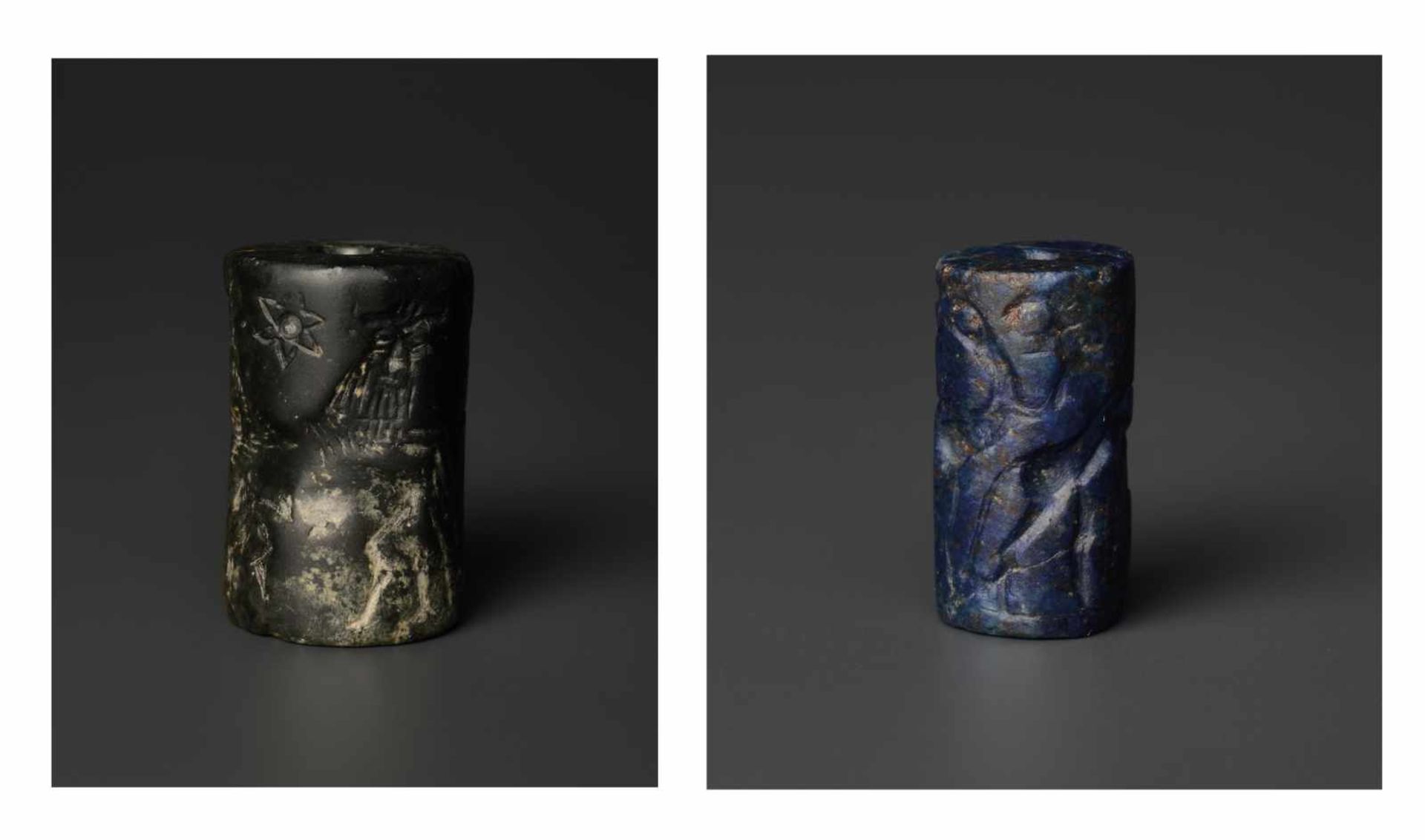 LOT WITH 2 OLD BABYLONIAN CYLINDER SEALS, 1500 – 2000 BCHematite and Lapis LazuliMesopotamia /