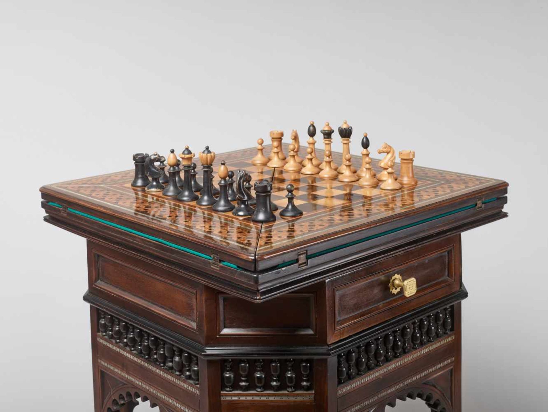 A VERY RARE CARD AND CHESS GAMES TABLE IN ORIENTAL STYLE, VIENNA 1880sWood with marquetry work, - Bild 2 aus 18