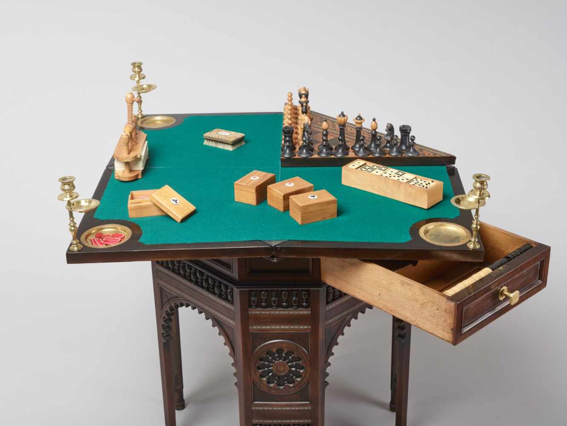A VERY RARE CARD AND CHESS GAMES TABLE IN ORIENTAL STYLE, VIENNA 1880sWood with marquetry work, - Bild 11 aus 18