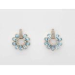 A PAIR OF 18 CARAT GOLD AND DIAMOND EARRINGS WITH AQUAMARINE DROPSincised at the sides with the