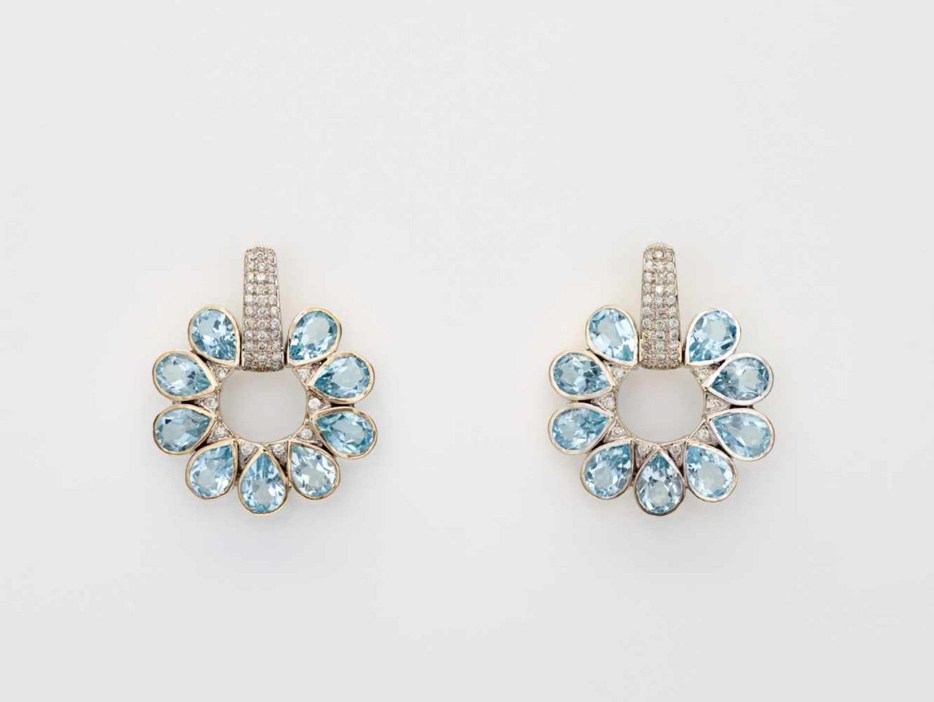 A PAIR OF 18 CARAT GOLD AND DIAMOND EARRINGS WITH AQUAMARINE DROPSincised at the sides with the