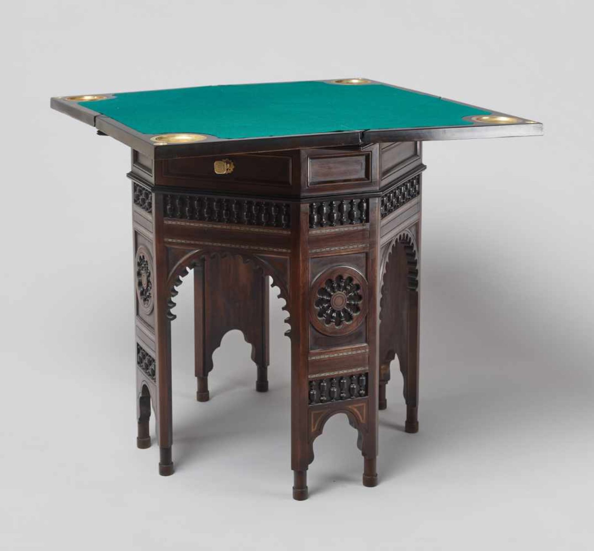 A VERY RARE CARD AND CHESS GAMES TABLE IN ORIENTAL STYLE, VIENNA 1880sWood with marquetry work, - Image 13 of 18