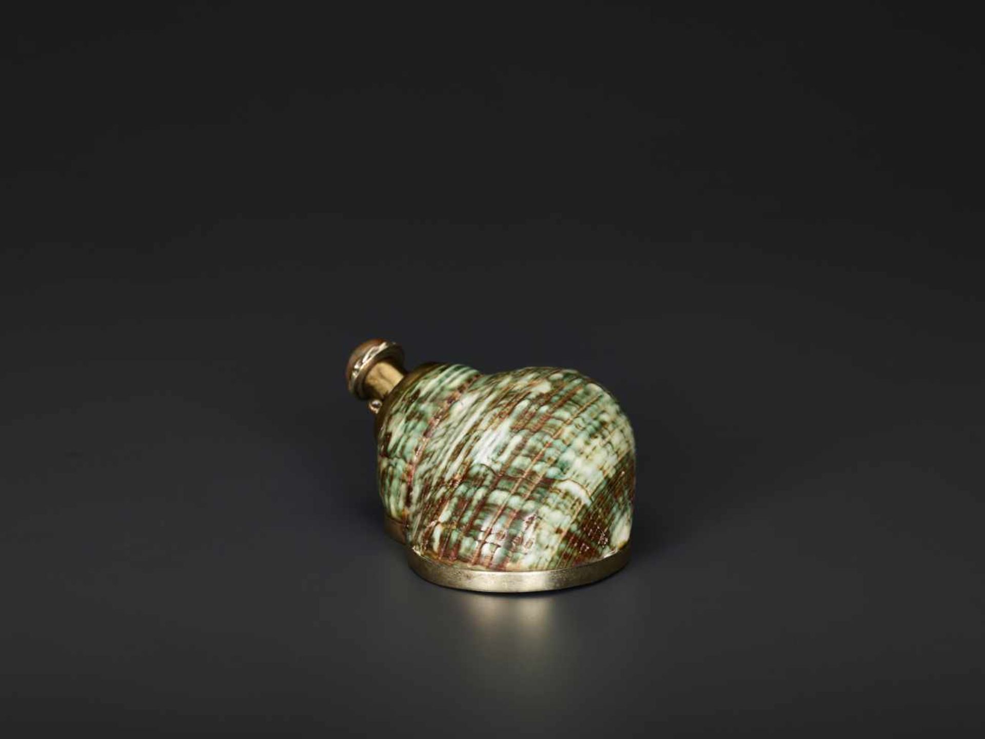 TURBO CONCH PERFUME CONTAINER WITH AGATE STOPPER, 19th CENTURYTurbo conch, silver plate metal and - Image 3 of 6