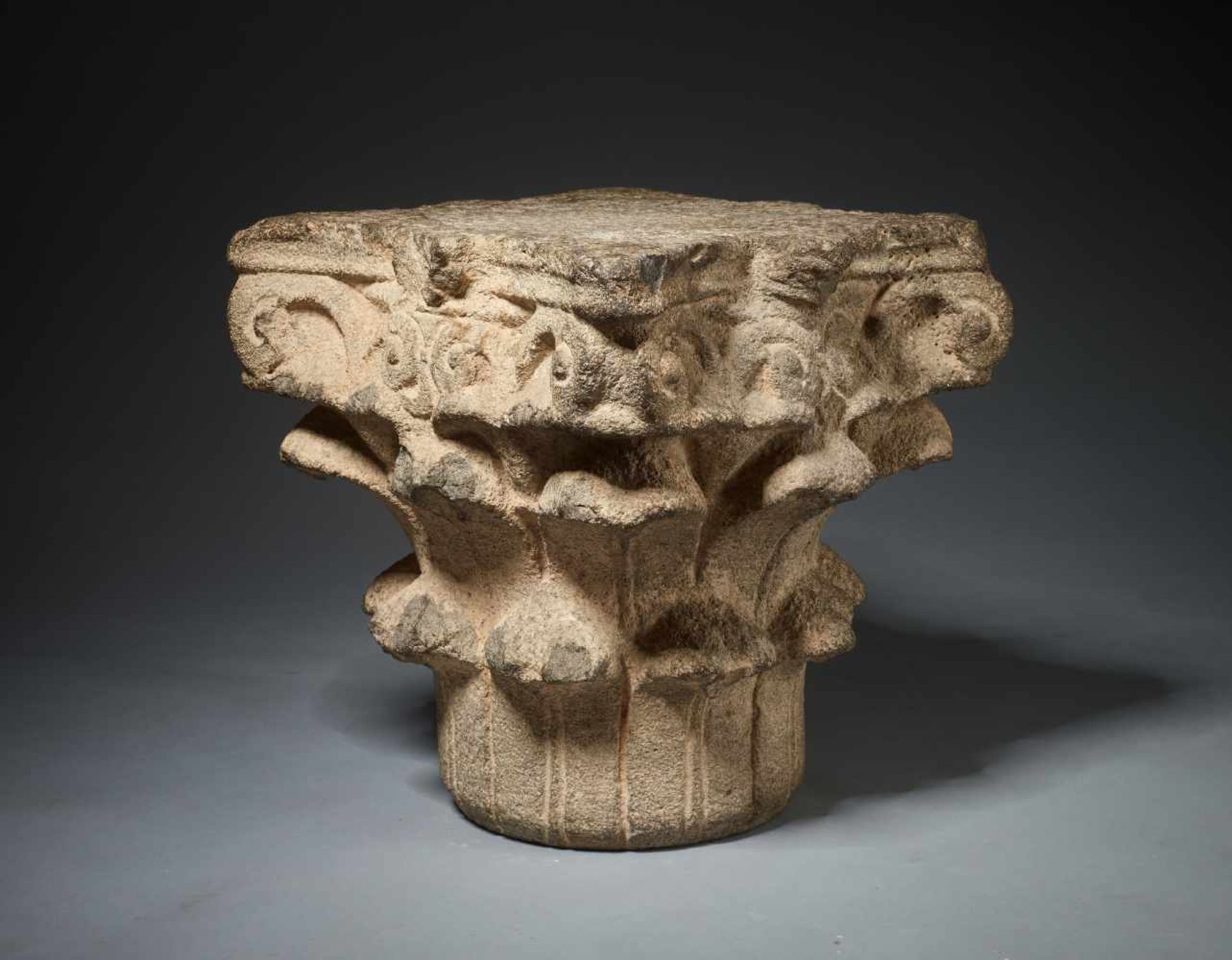 CORINTHIAN SANDSTONE CAPITAL WITH LEAVES AND VOLUTA, 19th CENTURY OR EARLIERSandstoneEurope19th