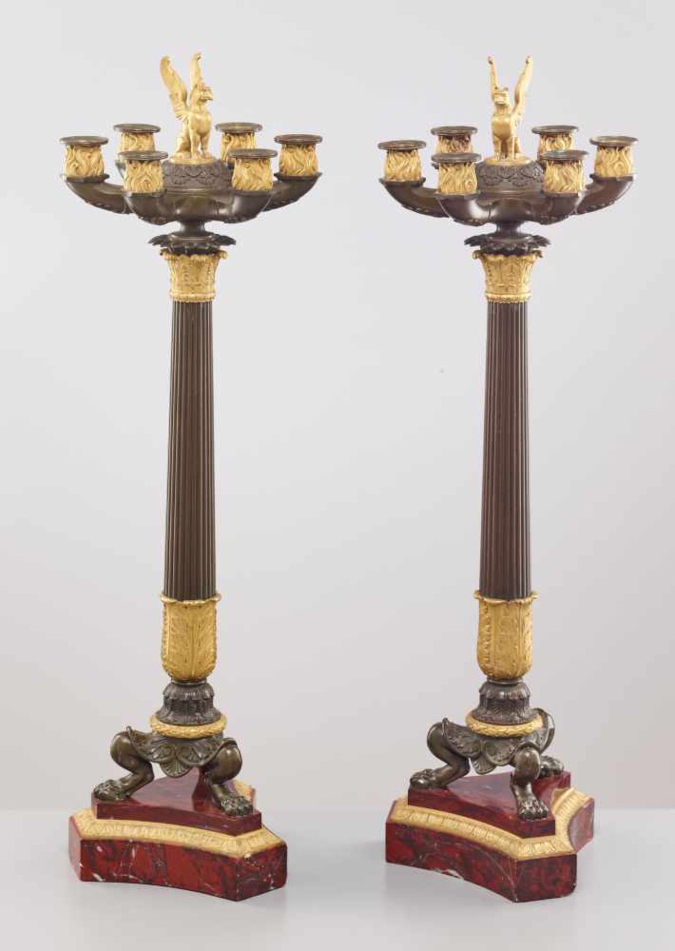 A LARGE PAIR OF CHARLES X BRONZE AND ORMOLU SIX-LIGHT CANDELABRA, 1820sPatinated and fire gilt - Image 5 of 8