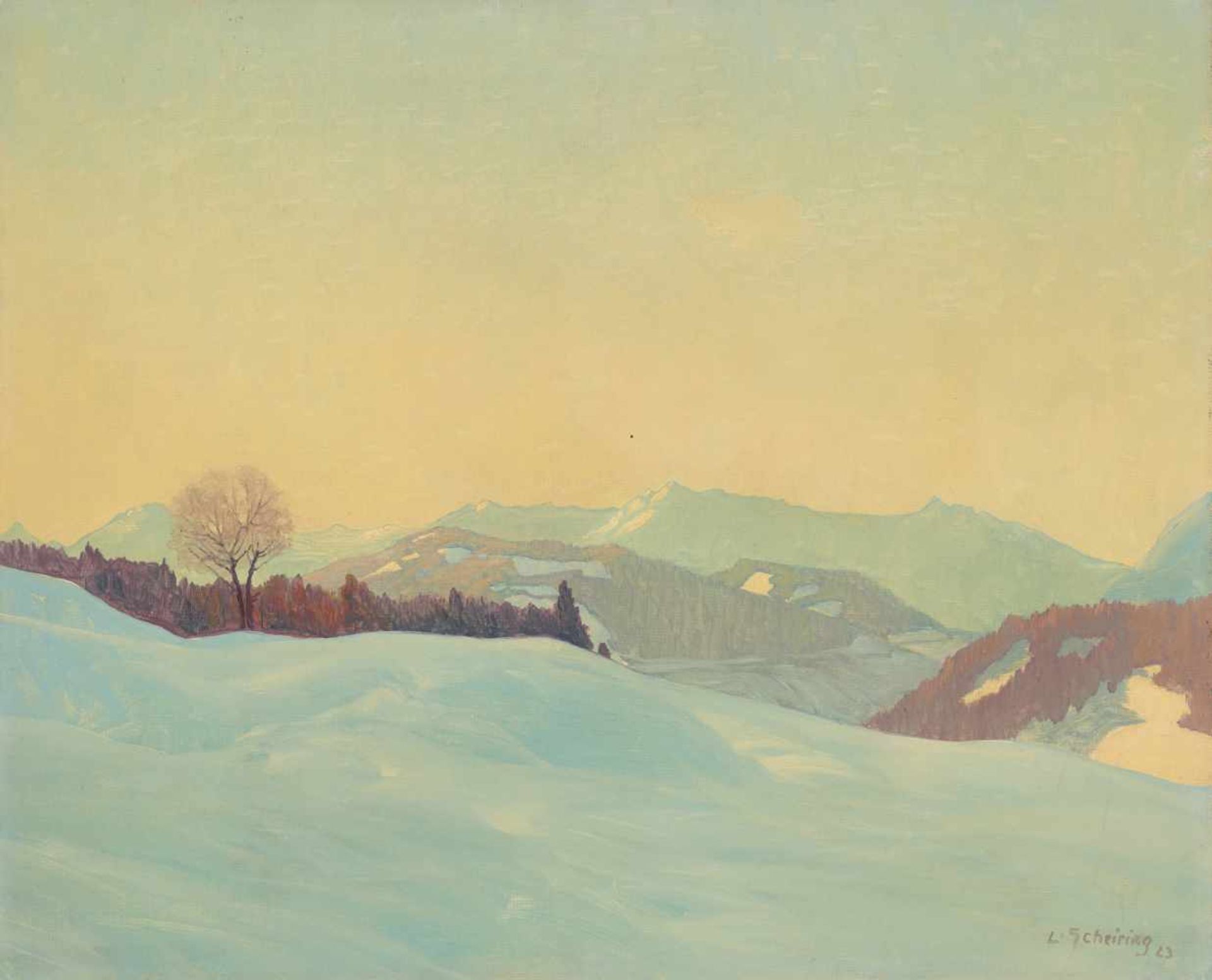 LEOPOLD SCHEIRING (1884-1927), OIL PAINTING ‘SNOWY MOUNTAINS’ 1923Leopold Scheiring (1884-1927)Oil