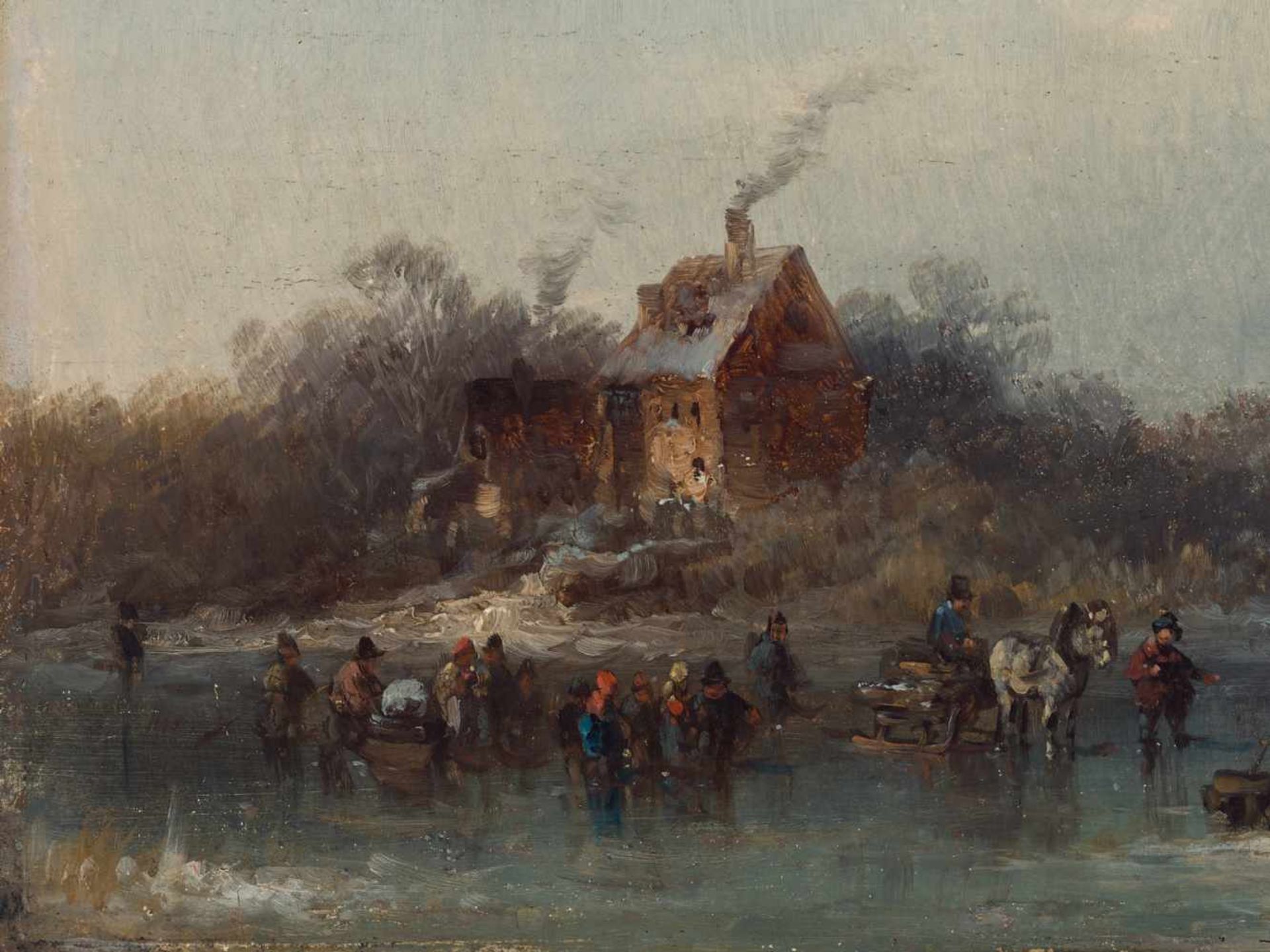 ANTON DOLL (1826-1877), OIL ON PANEL ‘FROZEN RIVER’Anton Doll (1826-1877)Oil on panelGermanymid-19th - Image 4 of 6