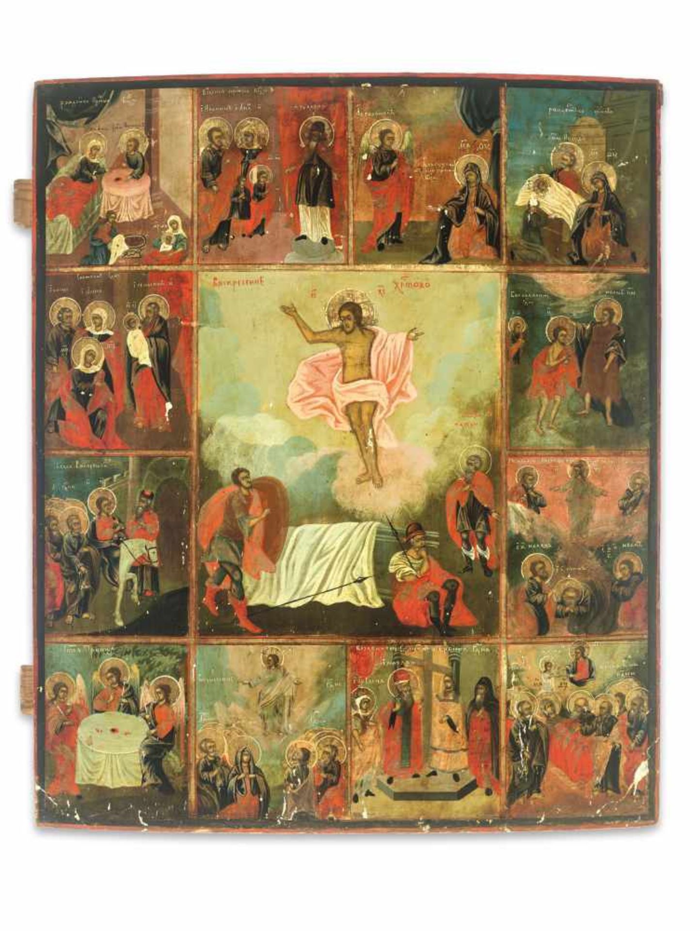 LARGE RUSSIAN ICON ‘RESURRECTION AND THE TWELVE GREAT FEASTS’, 19th CENTURYWood, polychrome egg