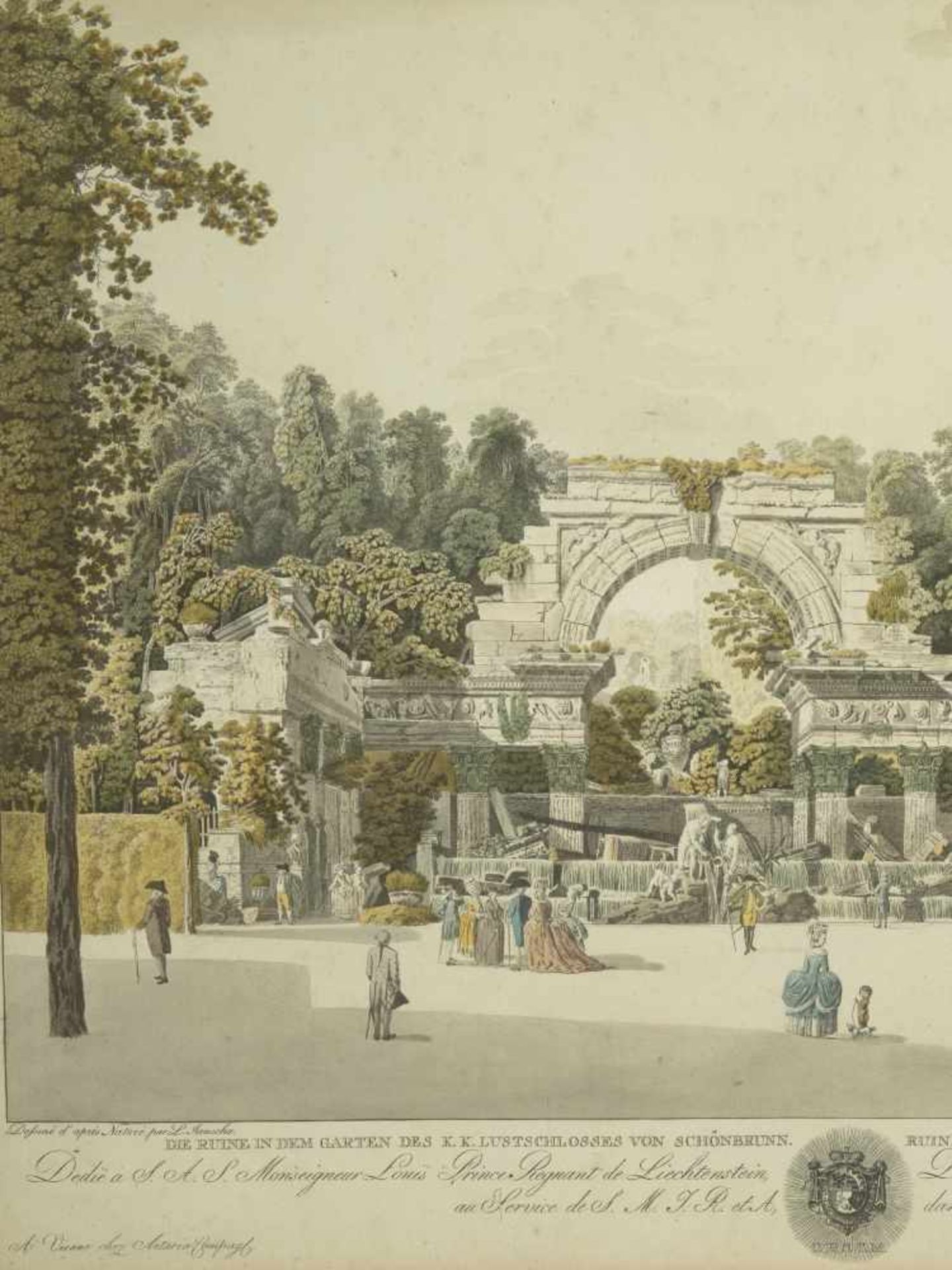 LAURENZ JANSCHA (1749-1812), RUIN IN THE GARDEN OF SCHÖNBRUNN PALACE, HAND-COLORED ETCHING, - Image 4 of 6