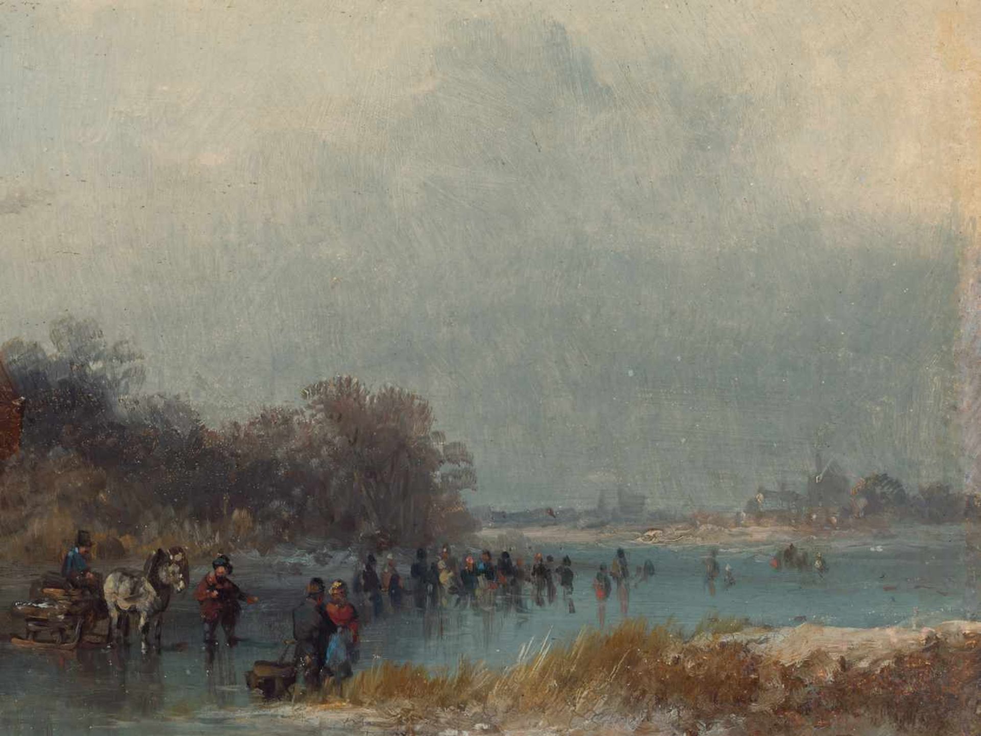 ANTON DOLL (1826-1877), OIL ON PANEL ‘FROZEN RIVER’Anton Doll (1826-1877)Oil on panelGermanymid-19th - Image 5 of 6