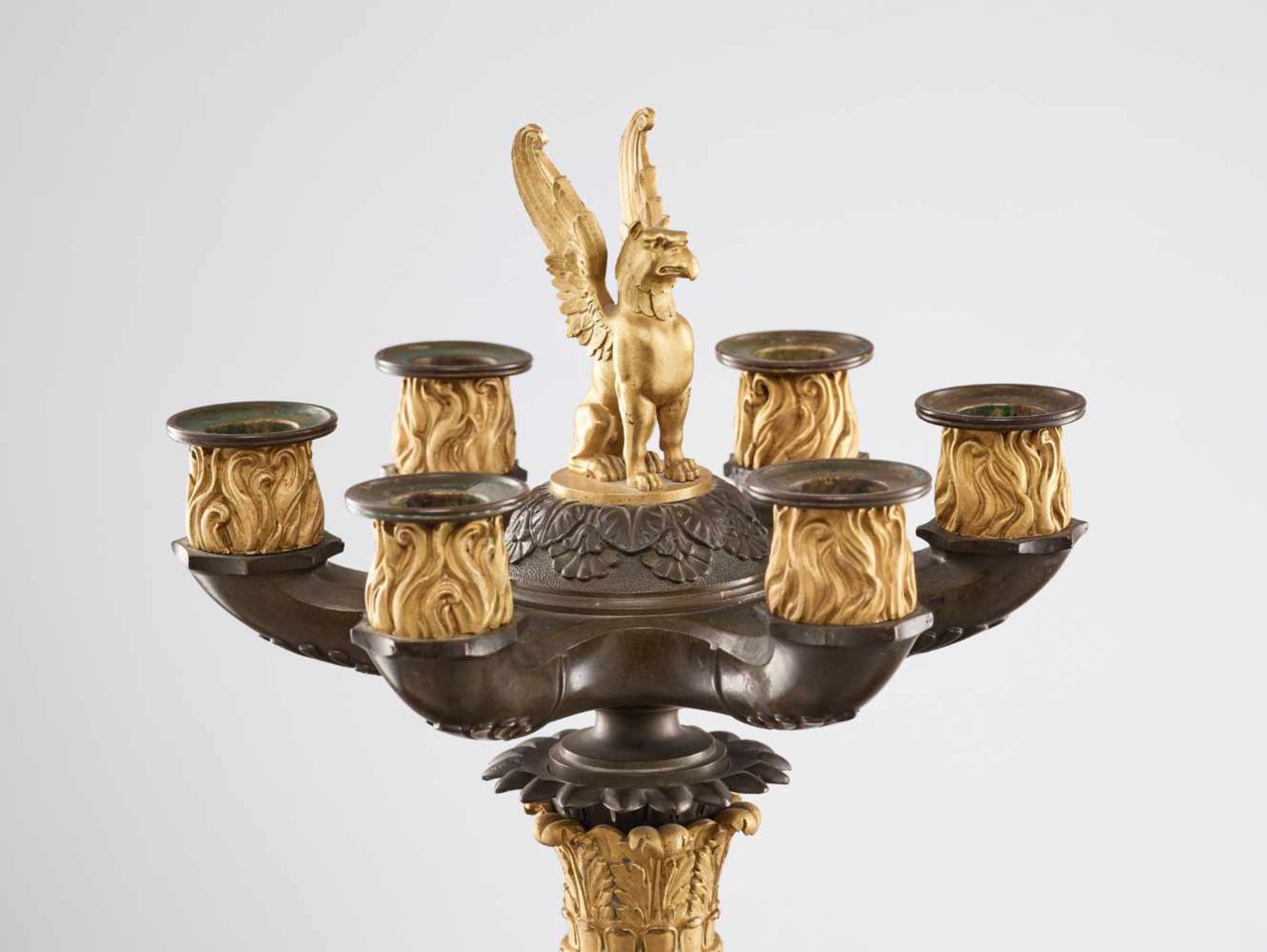 A LARGE PAIR OF CHARLES X BRONZE AND ORMOLU SIX-LIGHT CANDELABRA, 1820sPatinated and fire gilt - Image 3 of 8