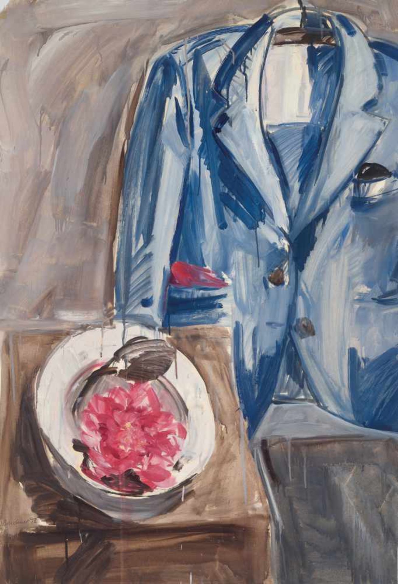 BRIGITTE BRUCKNER-MIKL (born 1963), OIL ON PAPER ‘STILL LIFE WITH BLUE JACKET’, 1993Brigitte