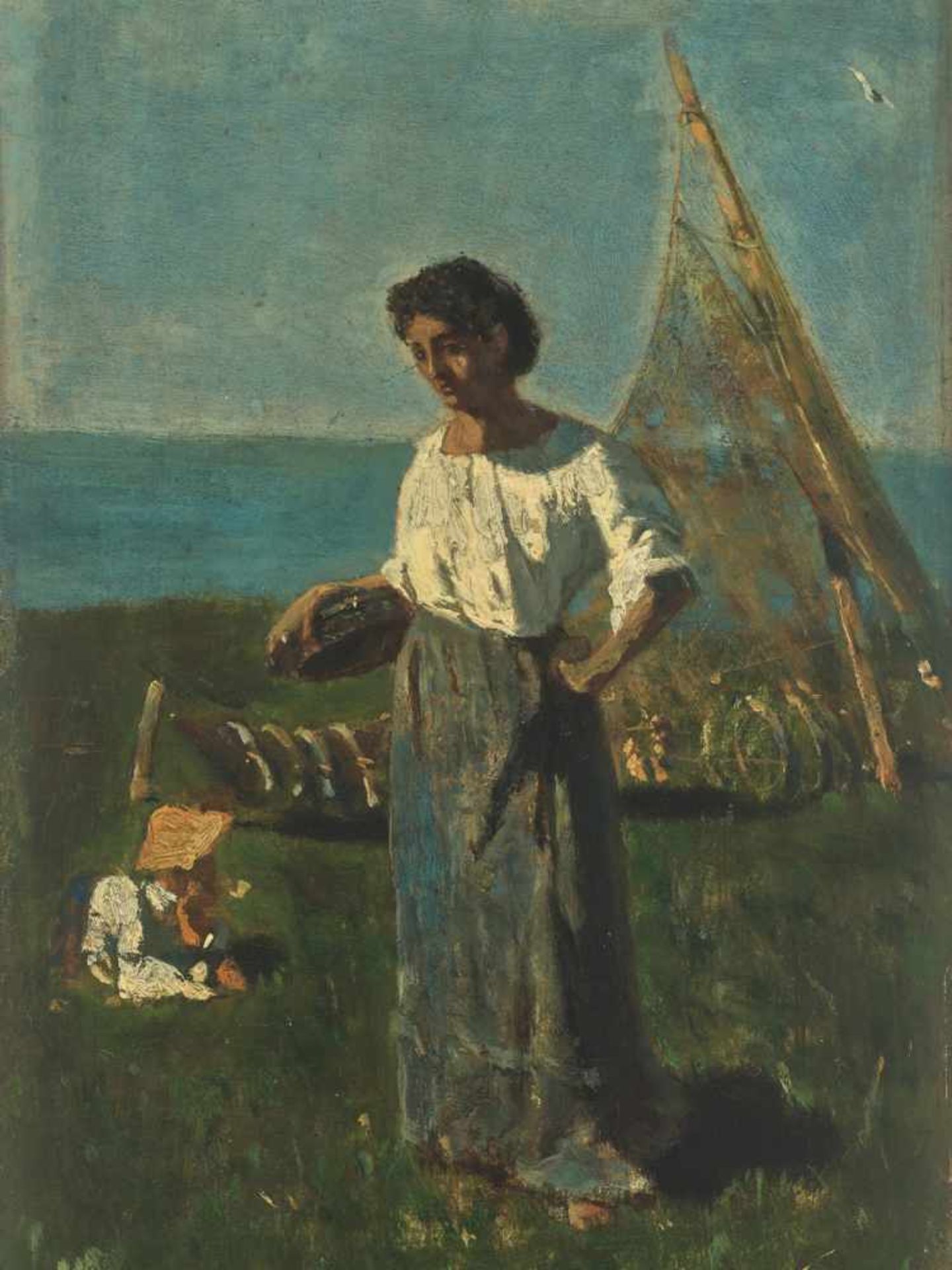 RUDOLF RIBARZ (1848-1904), OIL ON PANEL ‘MEDITERRANEAN GIRL ON THE SHORE’ 1872 Rudolf Ribarz (1848- - Image 5 of 6