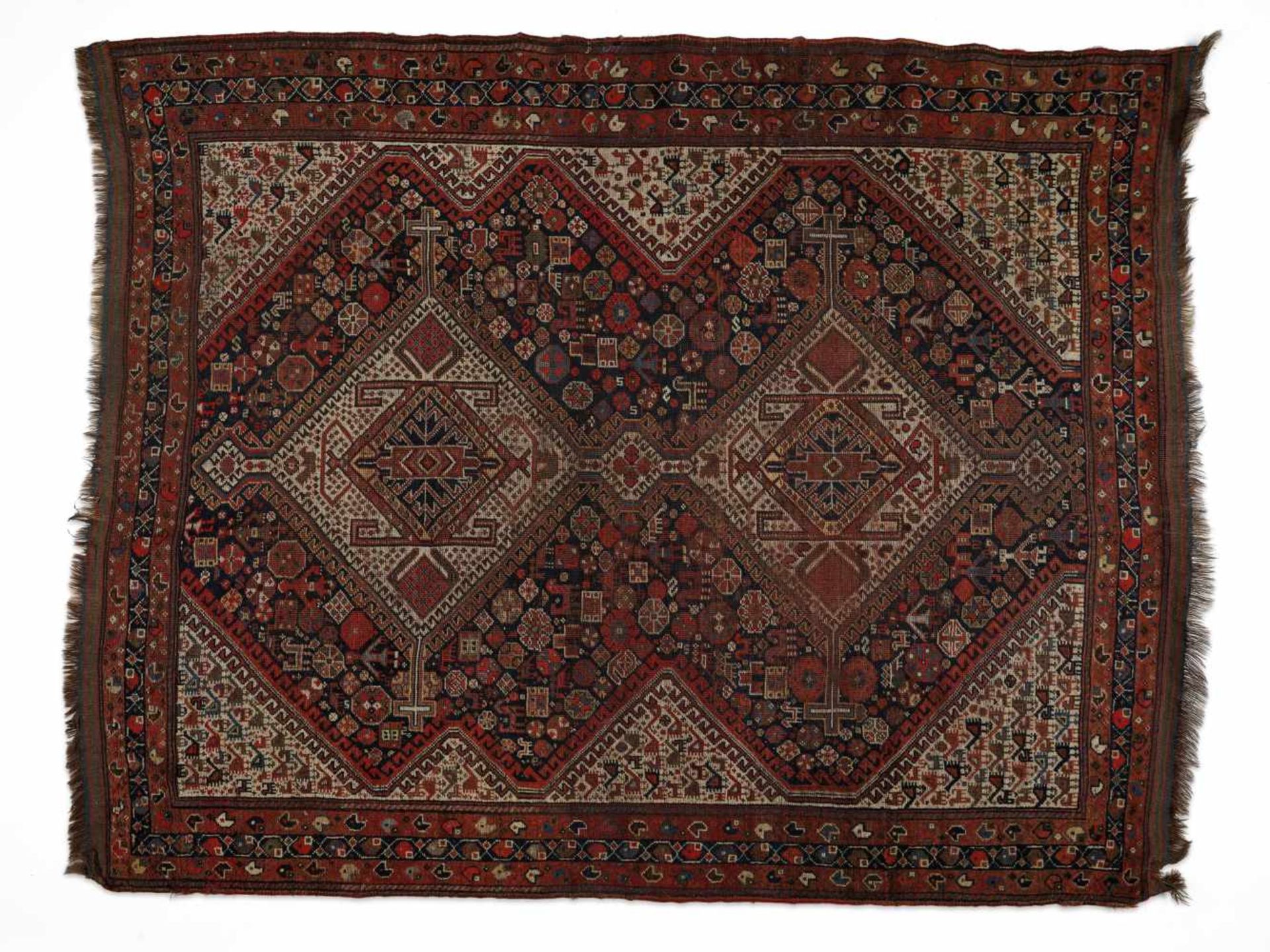 A 19th CENTURY KHAMSEH RUG WITH ANIMALS AND HUMAN FIGURESWool, dyed with natural colorsPersialate