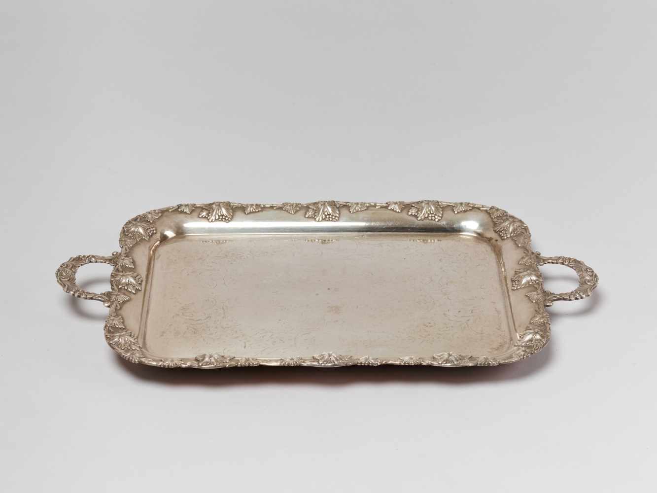 LARGE SILVER PLATE SERVING TRAY WITH WINE GRAPES DECORATION, 1900sSilver plate - Image 2 of 8