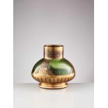 A SMALL JUGENDSTIL GLASS VASE WITH GOLD PATINATED COPPER RELIEFTransparent green, slightly