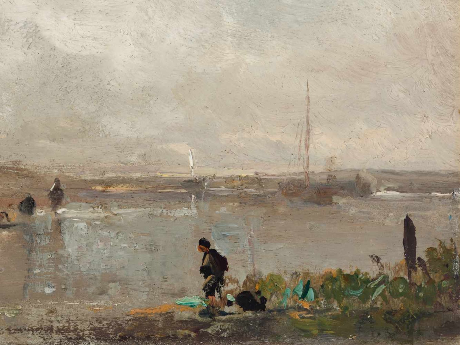 ADOLF STADEMANN (1824-1895), OIL ON WOOD ‘FISHERMEN ON THE SHORE’Adolf Stademann (1824-1895)Oil on - Image 5 of 6