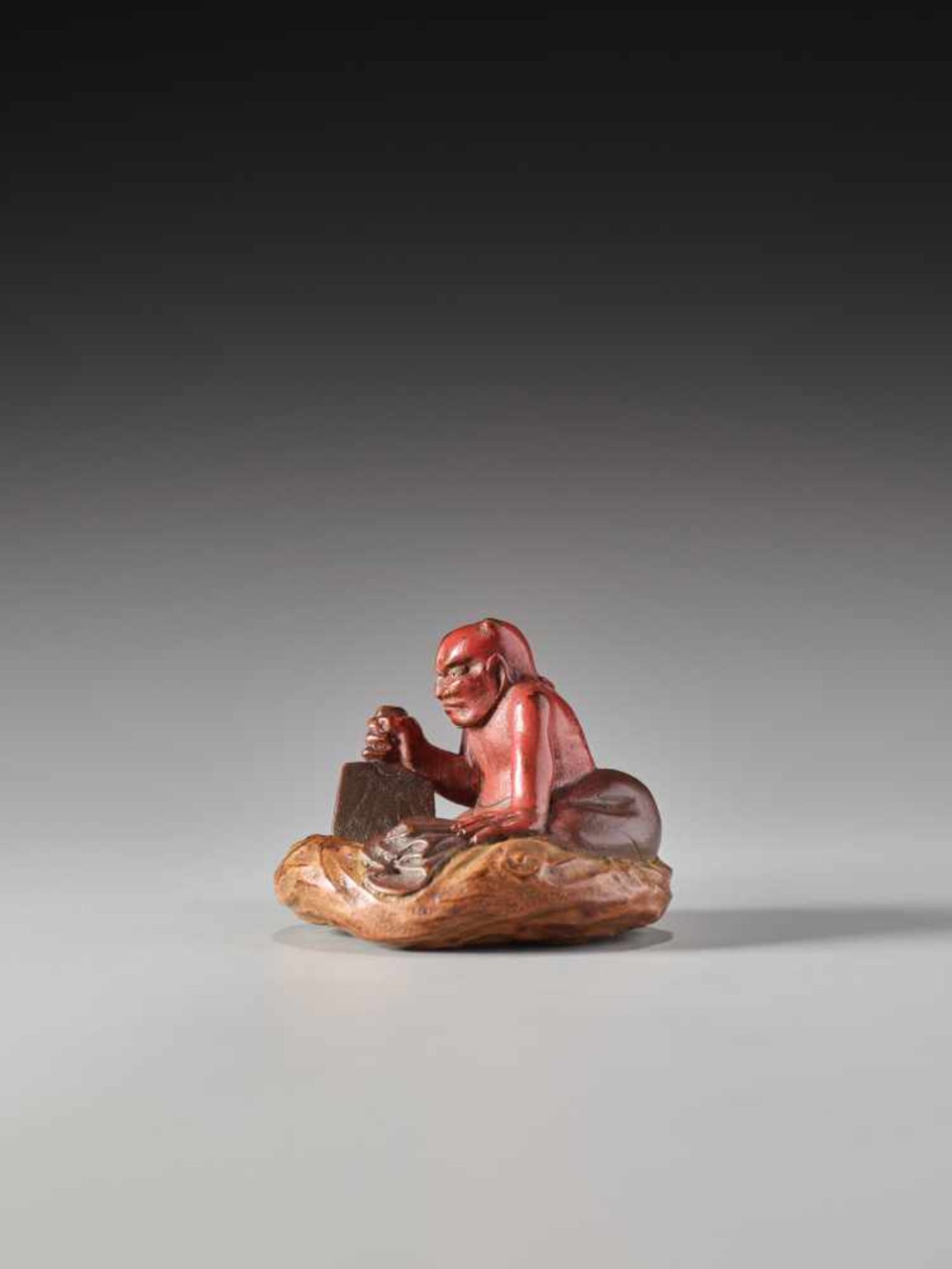 A LACQUER NETSUKE OF THE WIND GOD FUTENLacquered wood netsukeJapan19th century, Edo period (1615- - Image 4 of 7