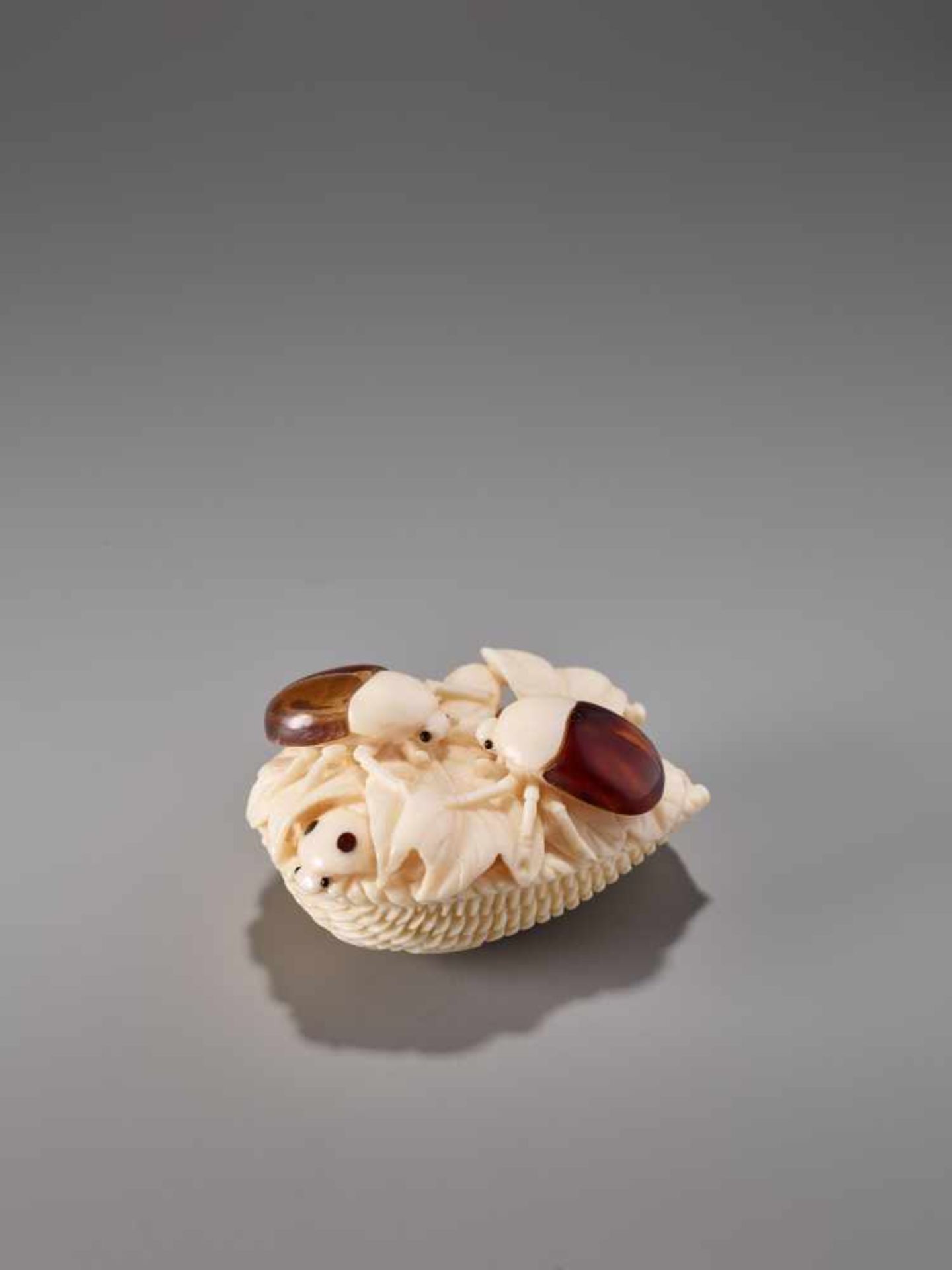 AN IVORY AND TORTOISE SHELL NETSUKE OF TWO BEETLES BY AKIHIDE Ivory with tortoise shell