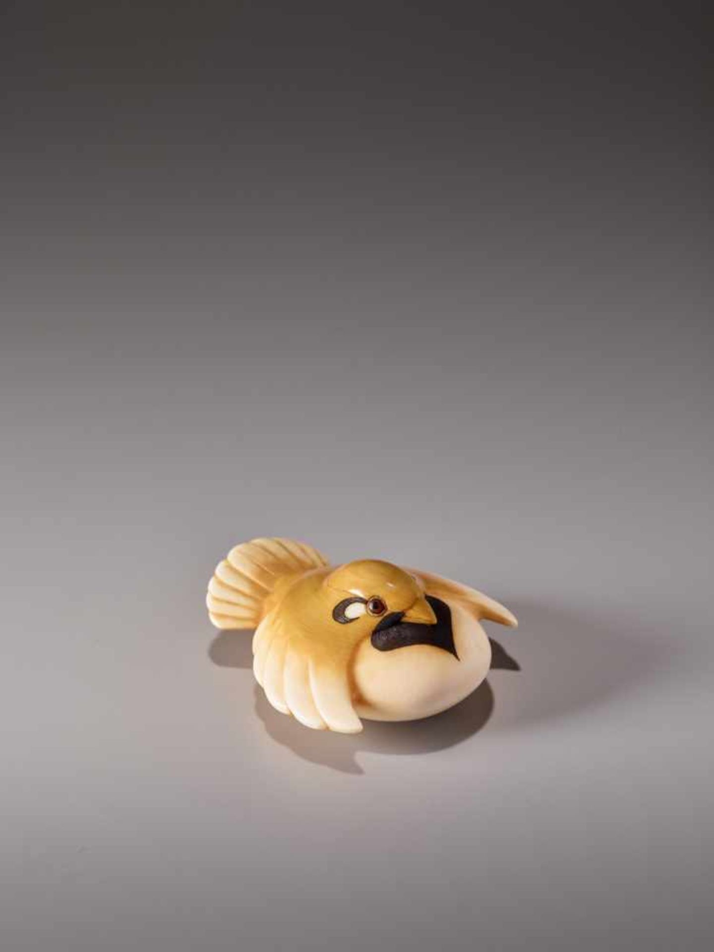 A STAINED AND COLOURED IVORY NETSUKE OF A SPARROW BY SHINGETSU (MURAMATSU FUJIO, 1934-1951)Ivory