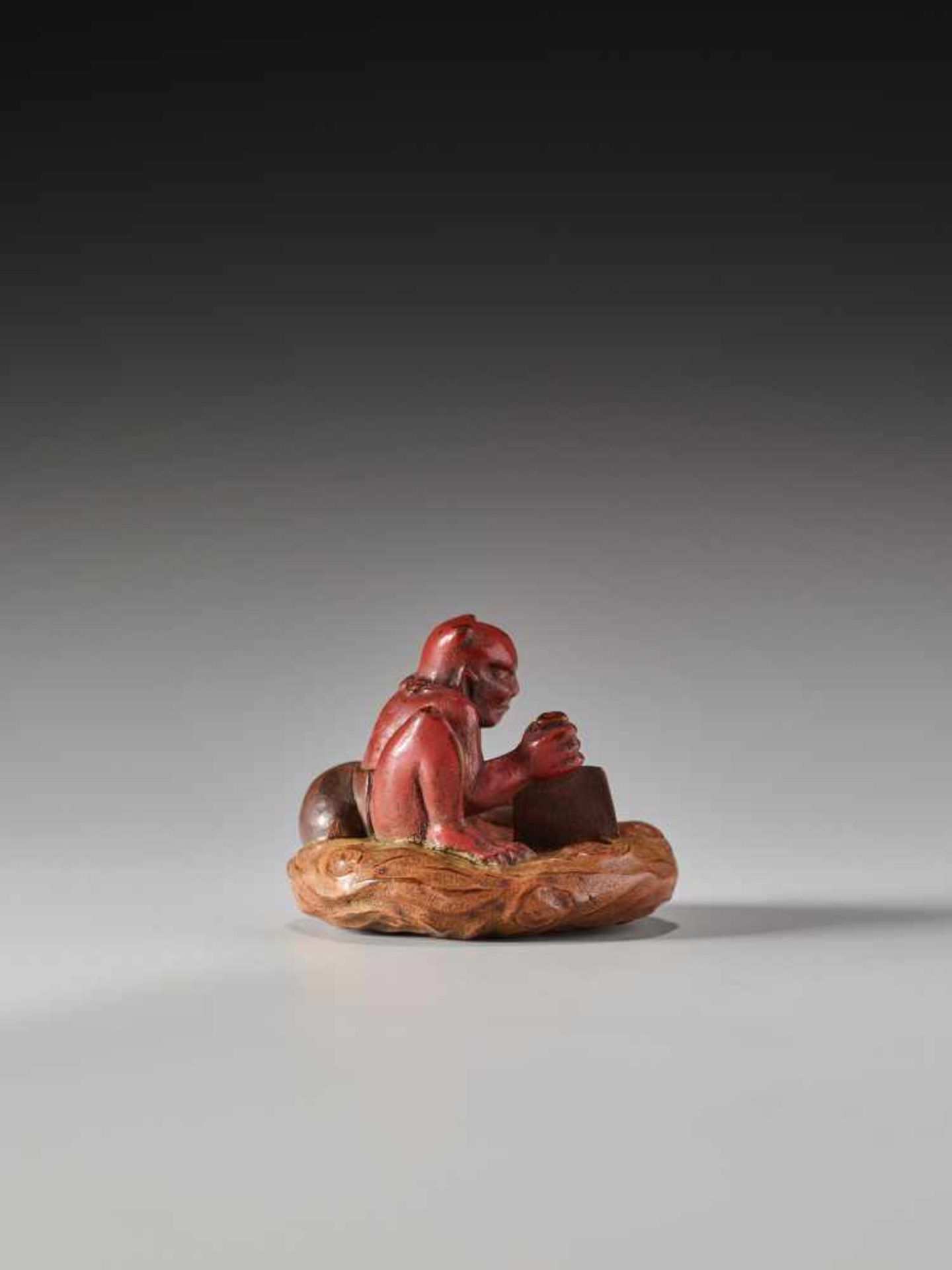 A LACQUER NETSUKE OF THE WIND GOD FUTENLacquered wood netsukeJapan19th century, Edo period (1615- - Image 6 of 7