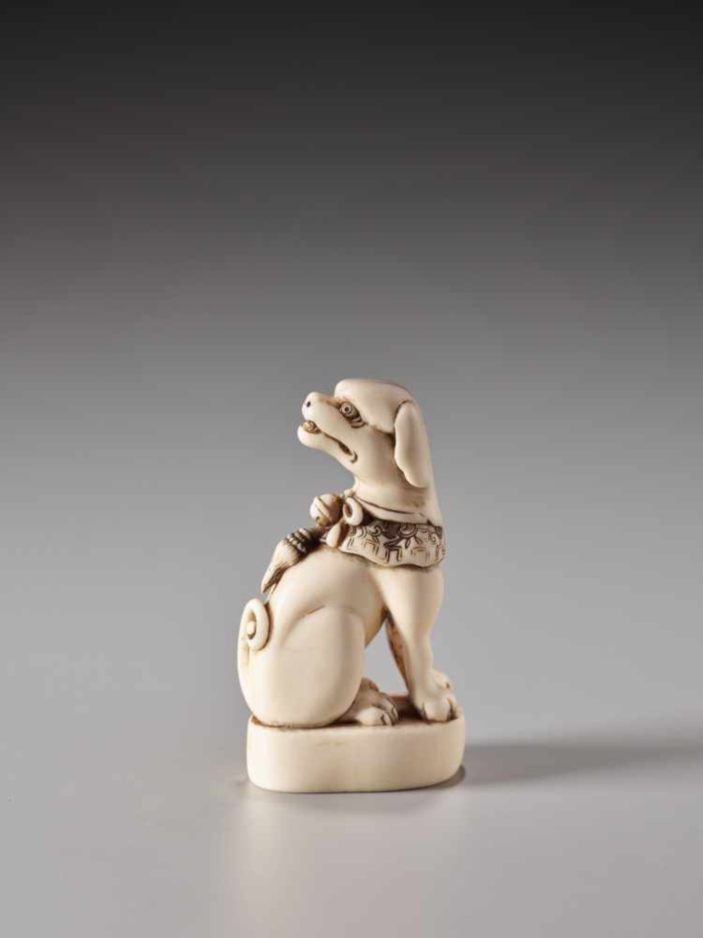 A FINE IVORY SEAL NETSUKE OF A DOG WITH COLLAR AND BELL BY TOSHIHIDE (JUEI)Ivory netsukeJapan19th - Image 3 of 7