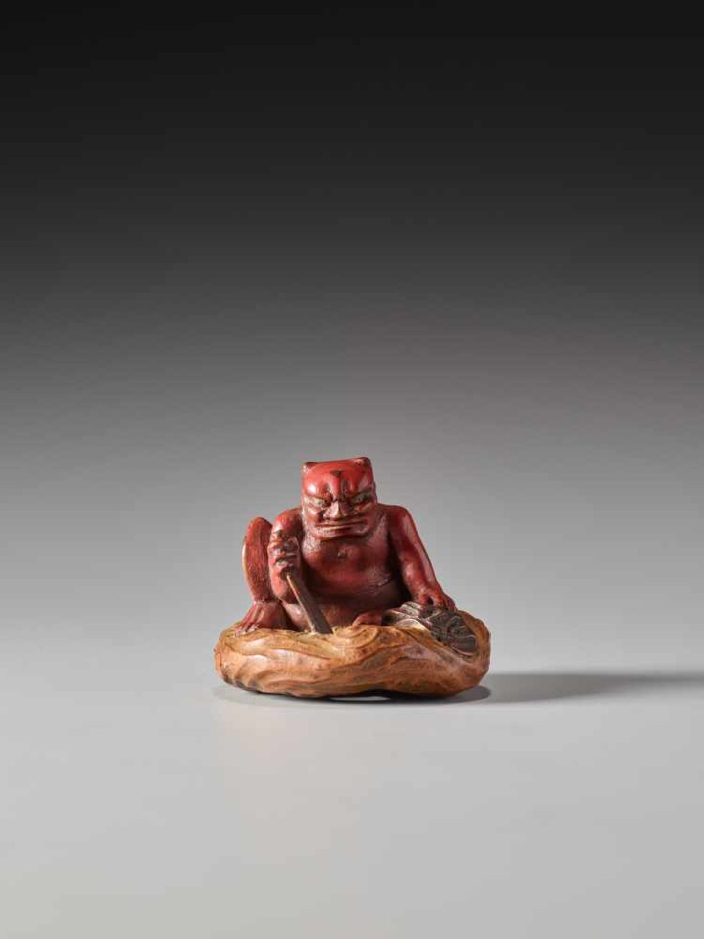 A LACQUER NETSUKE OF THE WIND GOD FUTENLacquered wood netsukeJapan19th century, Edo period (1615- - Image 2 of 7