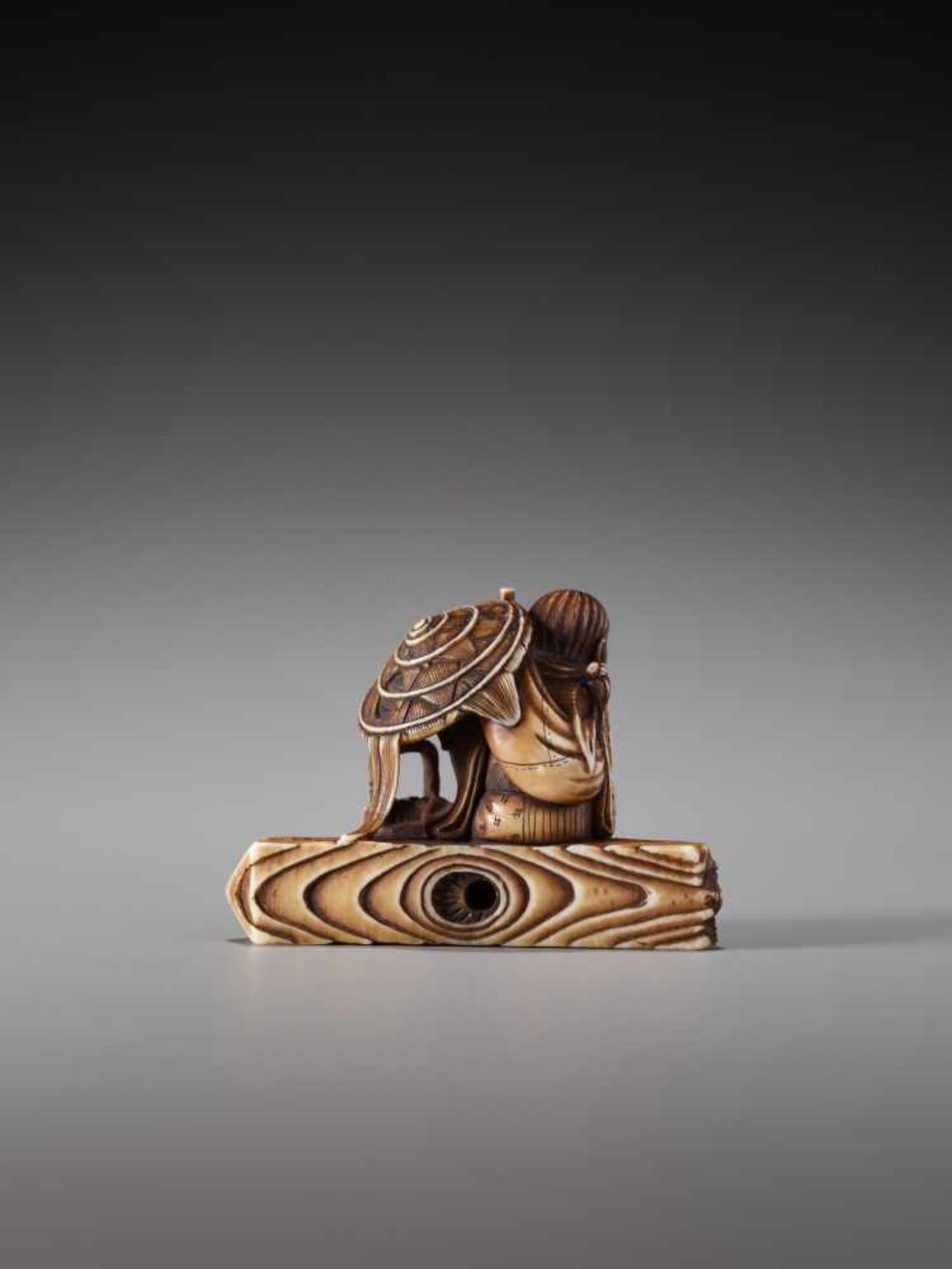 A FINE IVORY NETSUKE OF ONO NO KOMACHI SEATED ON A SOTOBA BY CHIKUHOIvory netsukeJapanlate 19th - Image 2 of 10