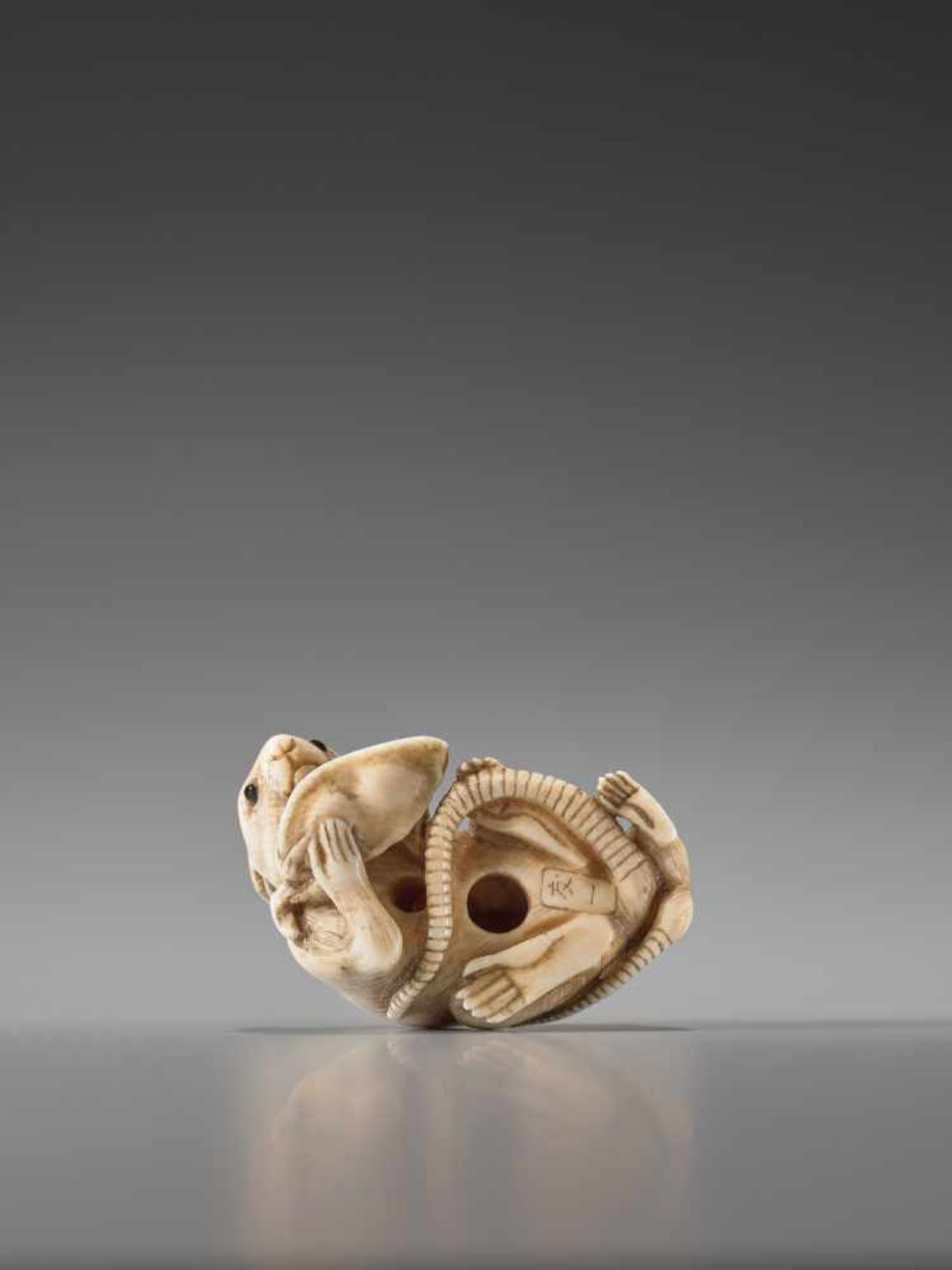 AN IVORY NETSUKE OF TWO RATS BY TOMOKAZUIvory netsukeJapan, Kyoto19th century, Edo period (1615- - Image 6 of 8