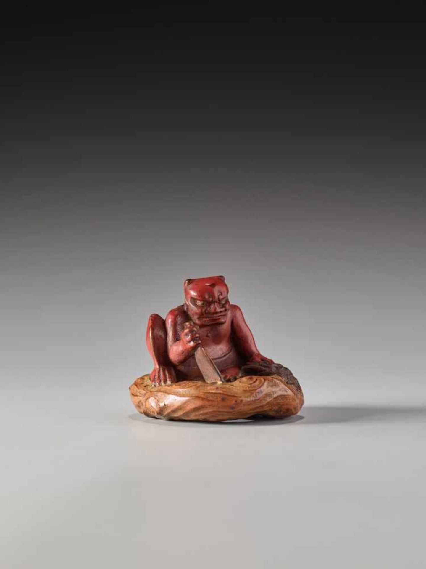 A LACQUER NETSUKE OF THE WIND GOD FUTENLacquered wood netsukeJapan19th century, Edo period (1615- - Image 3 of 7