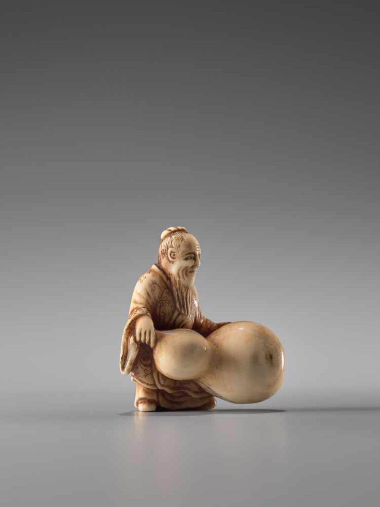 A SMALL IVORY NETSUKE OF CHOKARO SENNIN WITH GIANT HYOTANIvory netsukeJapanlate 19th century, - Image 3 of 6