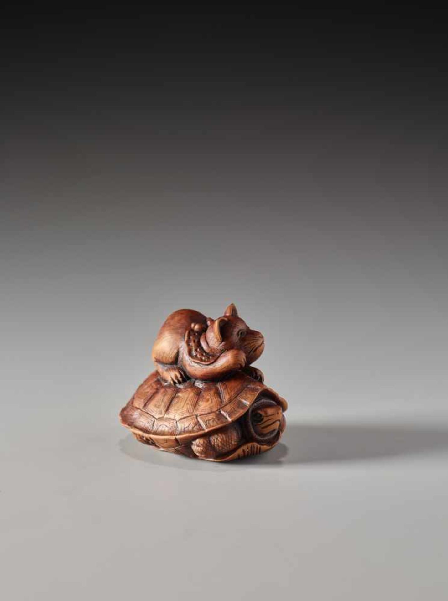 A RARE WOOD NETSUKE OF A CAT AND TORTOISE BY SHOKINWood netsukeJapan19th century, Edo period (1615- - Image 3 of 9