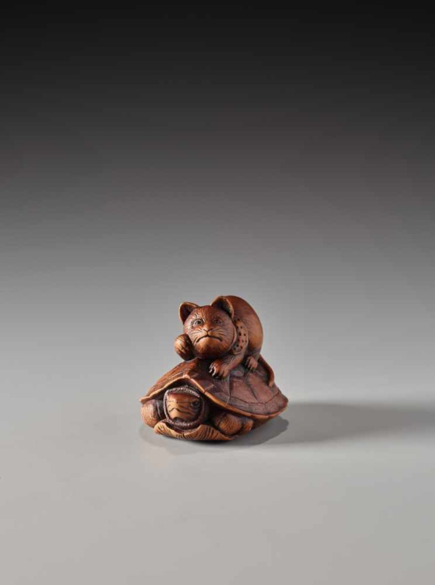 A RARE WOOD NETSUKE OF A CAT AND TORTOISE BY SHOKINWood netsukeJapan19th century, Edo period (1615- - Image 2 of 9